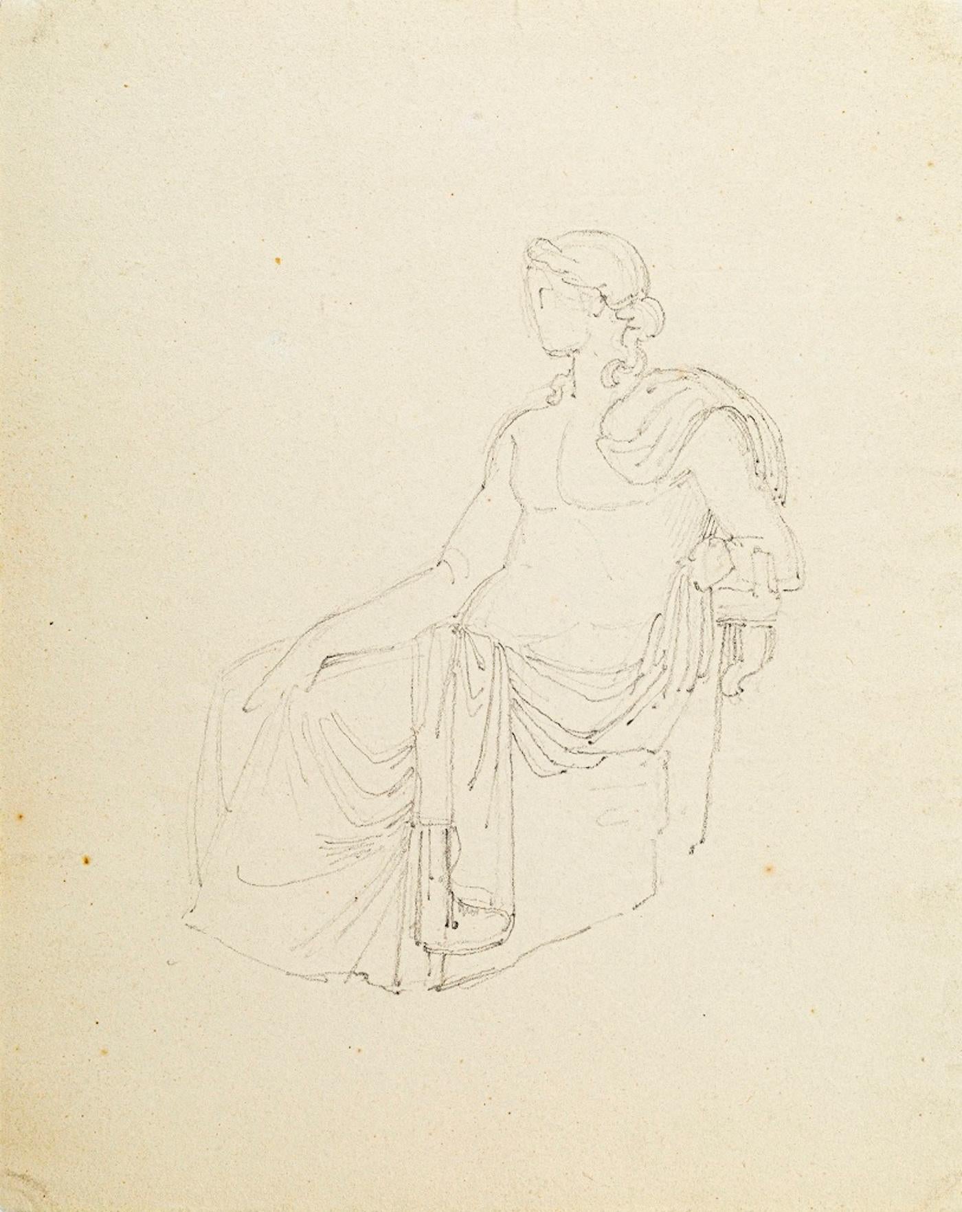 Sketch for a Portrait - Original Ink Drawgin by Alexandre Dumont - Late 1800 - Art by Augustin-Alexandre Dumont