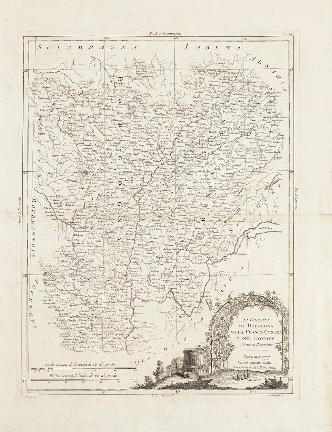 Antonio Zatta Landscape Print - Li Governi di Borgogna - Ancient Map - 1777