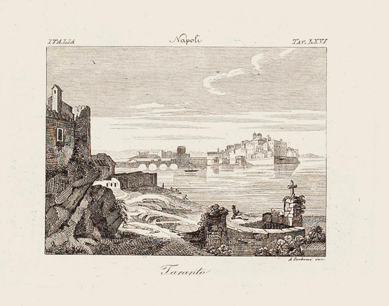 Image dimensions: 11.5 x 14.7 cm

Vie of Taranto is an original black and white etching on paper, realized by the Italian engraver Achille Parboni.

Printed as a plate of the prints suite "90 Views of the cities and Kindom of Naples" in 1843. 

At