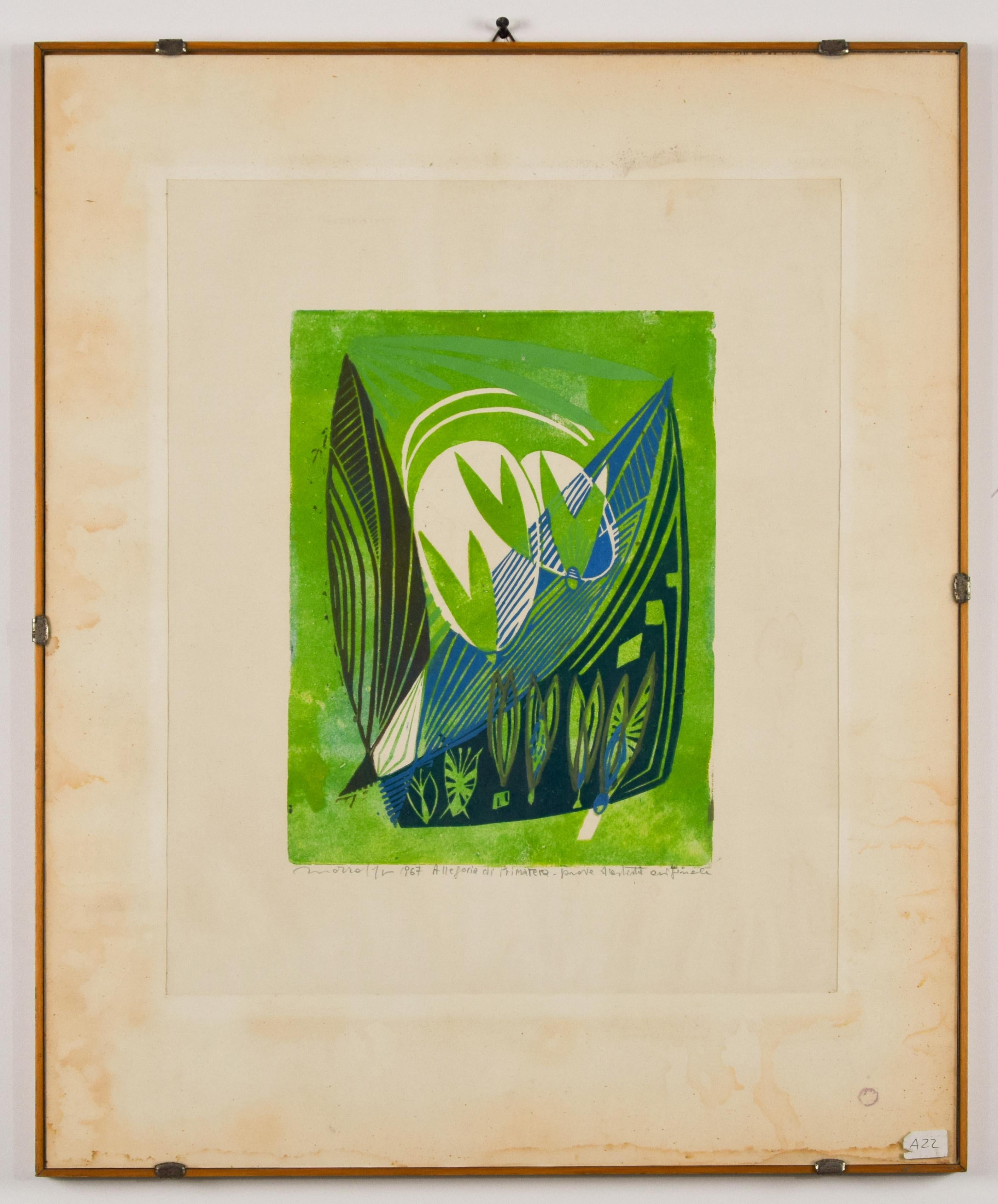 Rosario Morra Abstract Print - Spring Allegory - Original Woodcut by R. Morra - 1967