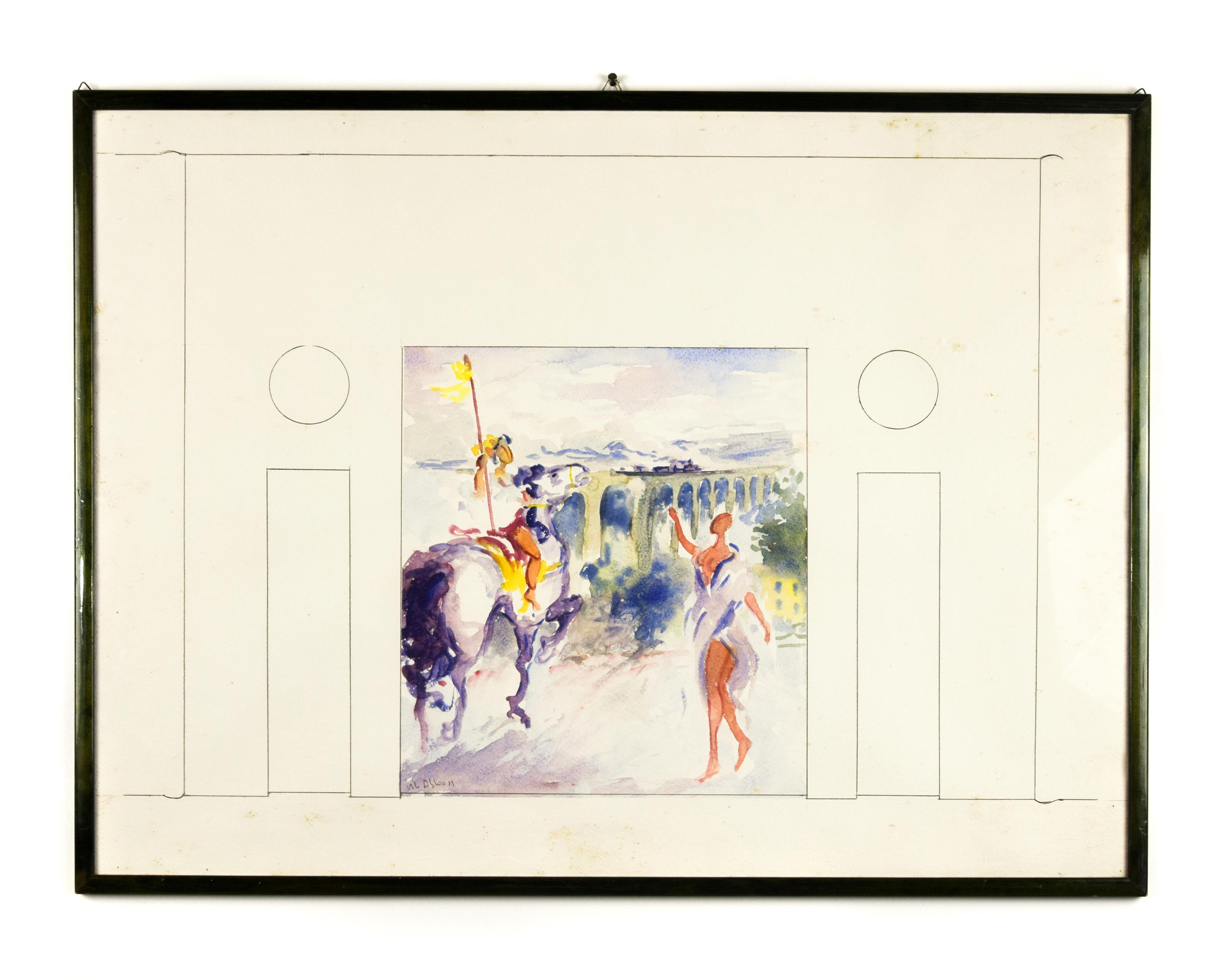 Knight and Girl is an original lithograph realized by Vito Alghisi in 1999.

Watercolor on Paper. Good conditions,.

Includes a contemporary black wooden frame: 59 x 1.5 x 78 cm

Signed and dated in the bottom by the artist. 

The artist Vittorio