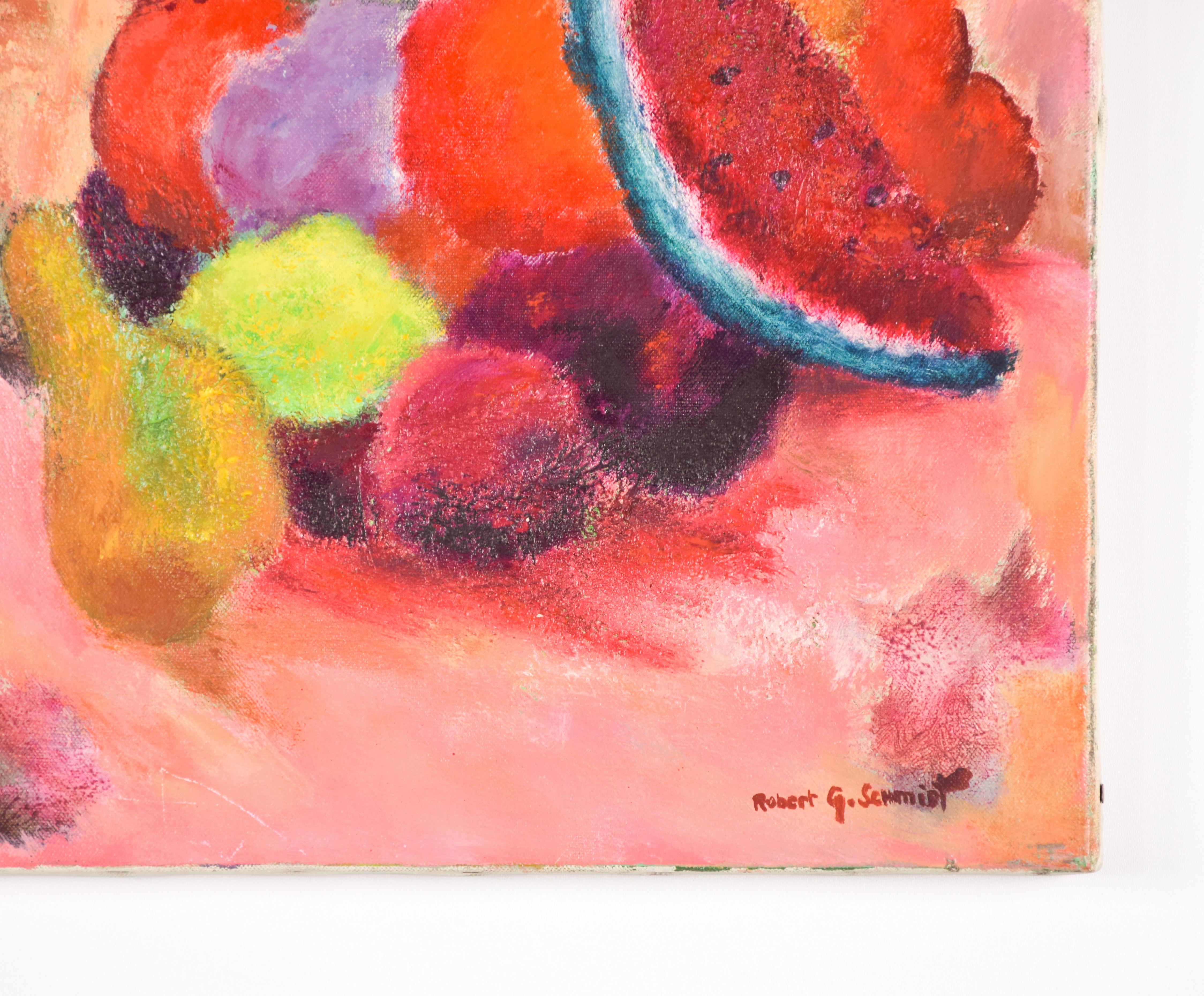 Fruits is a mixed colored oil on canvas realized by Robert G. Schmidt (1923) in the late XX century.

Hand-signed by the artist on the lower right margin.

Good conditions. Titled on the back.

The artwork represents a joyous and colored still life