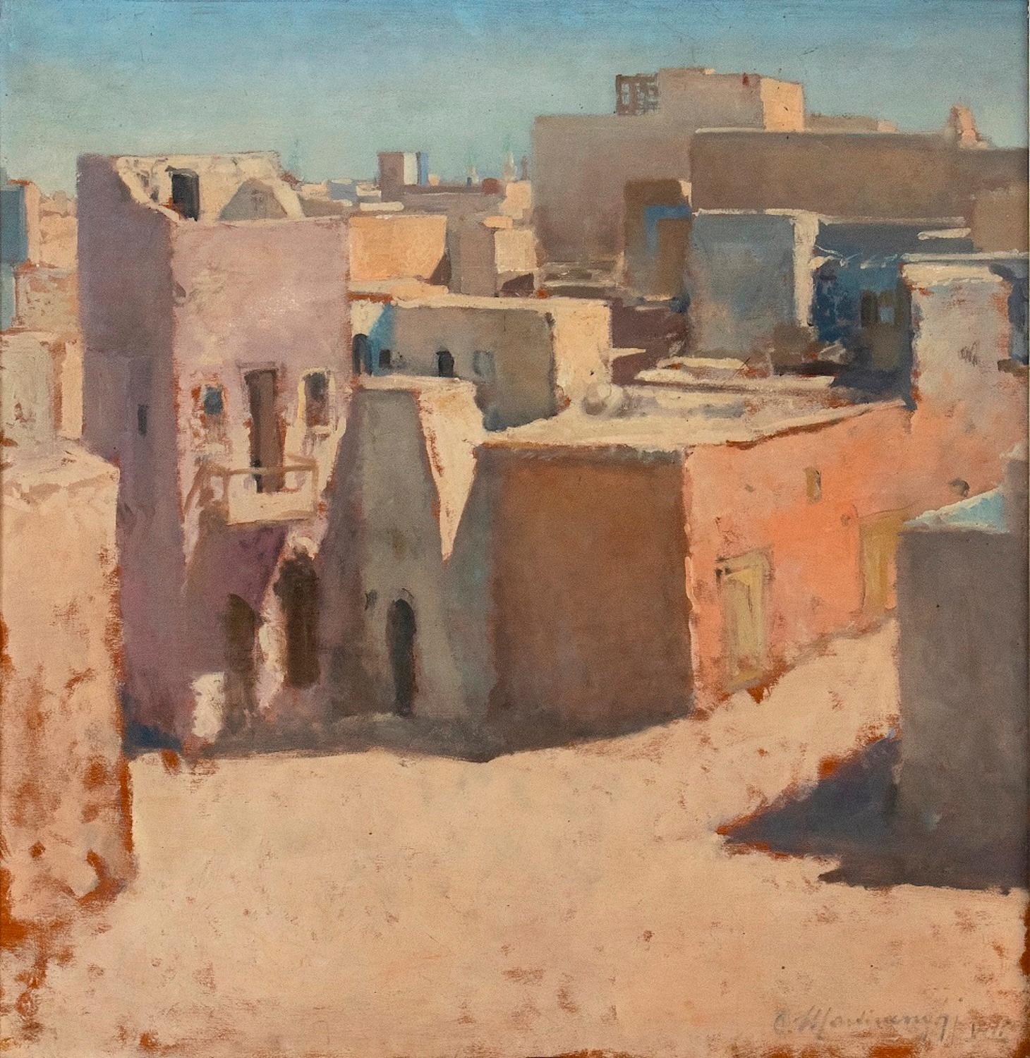 Claudio Martinenghi Figurative Painting - View of the Old Tripoli - Oil on Board - 1972