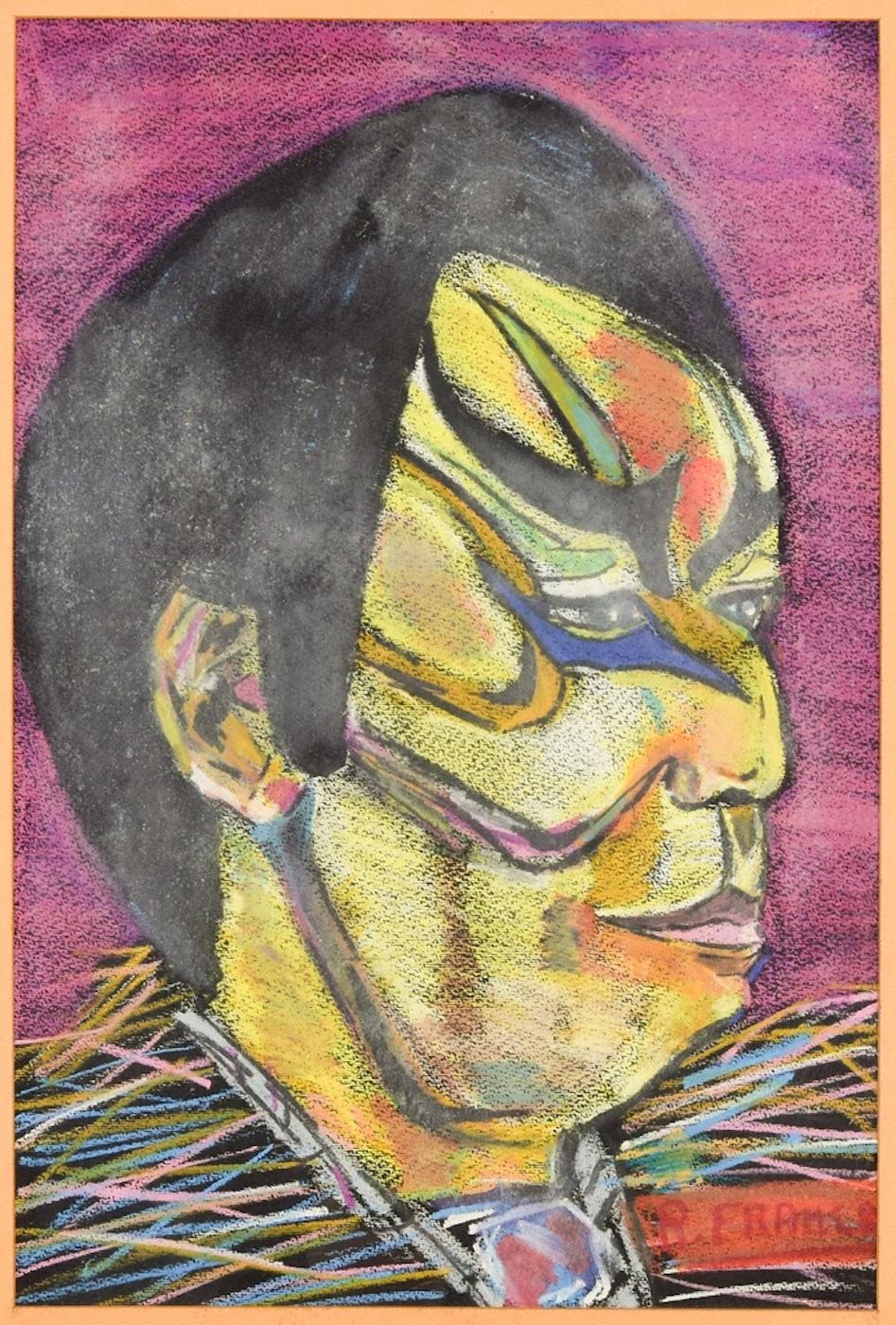 Portrait of Tattooed Man - Original Oil Paste on Canvas - Late 20th Century