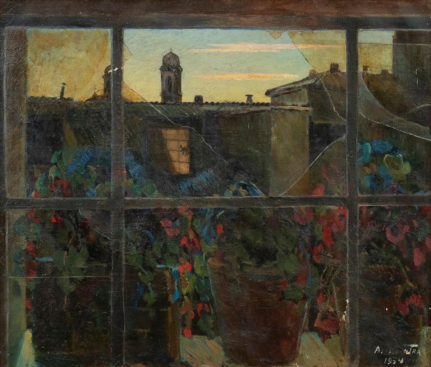 Nicotra da Cosenza Landscape Painting - View of Via Margutta - Original Oil on Canvas by N. da Cosenza - 1954
