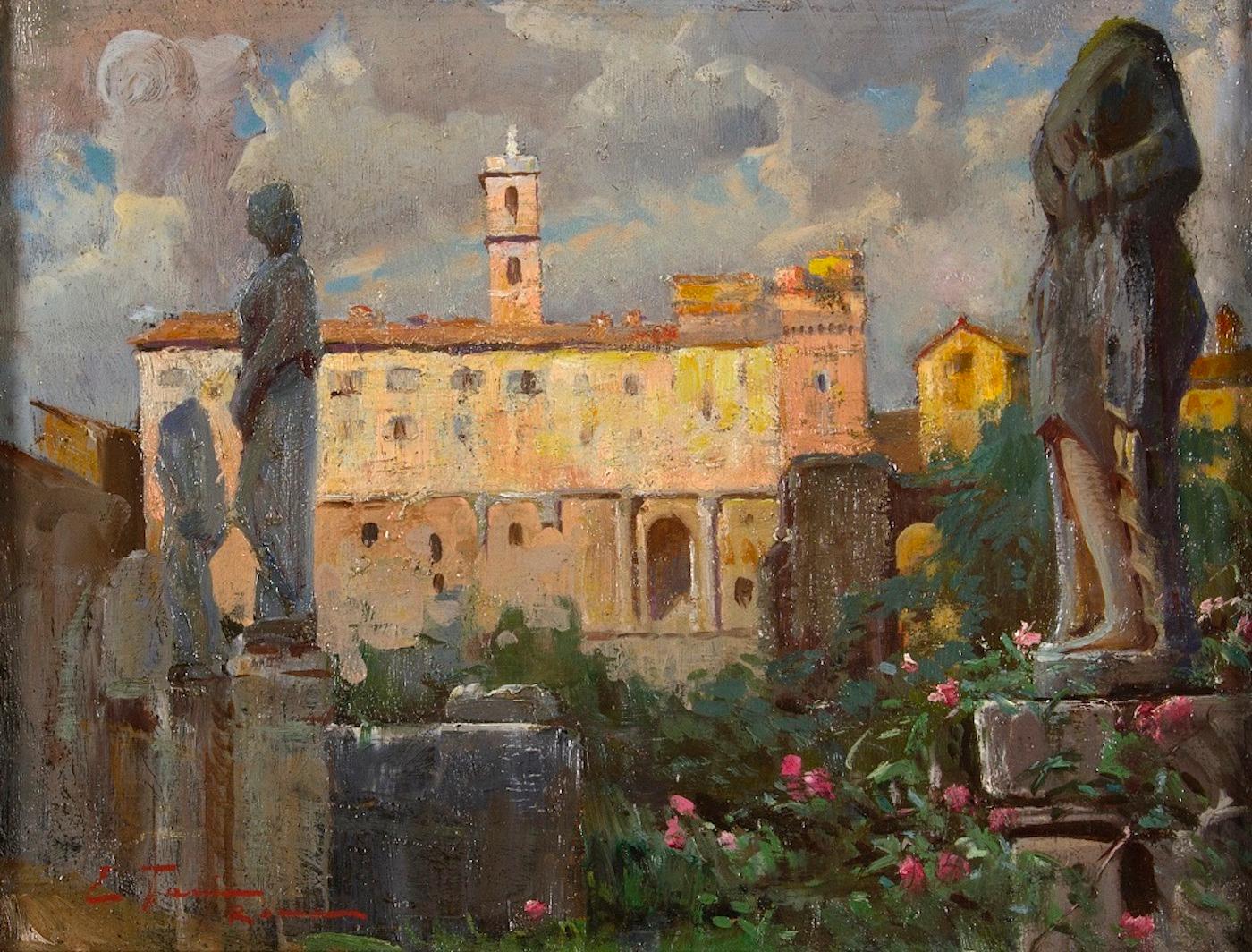 Edoardo Tani Figurative Painting - View of the Capitoline Hill (Rome) - Oil on Cardboard by E. Tani - 1930s