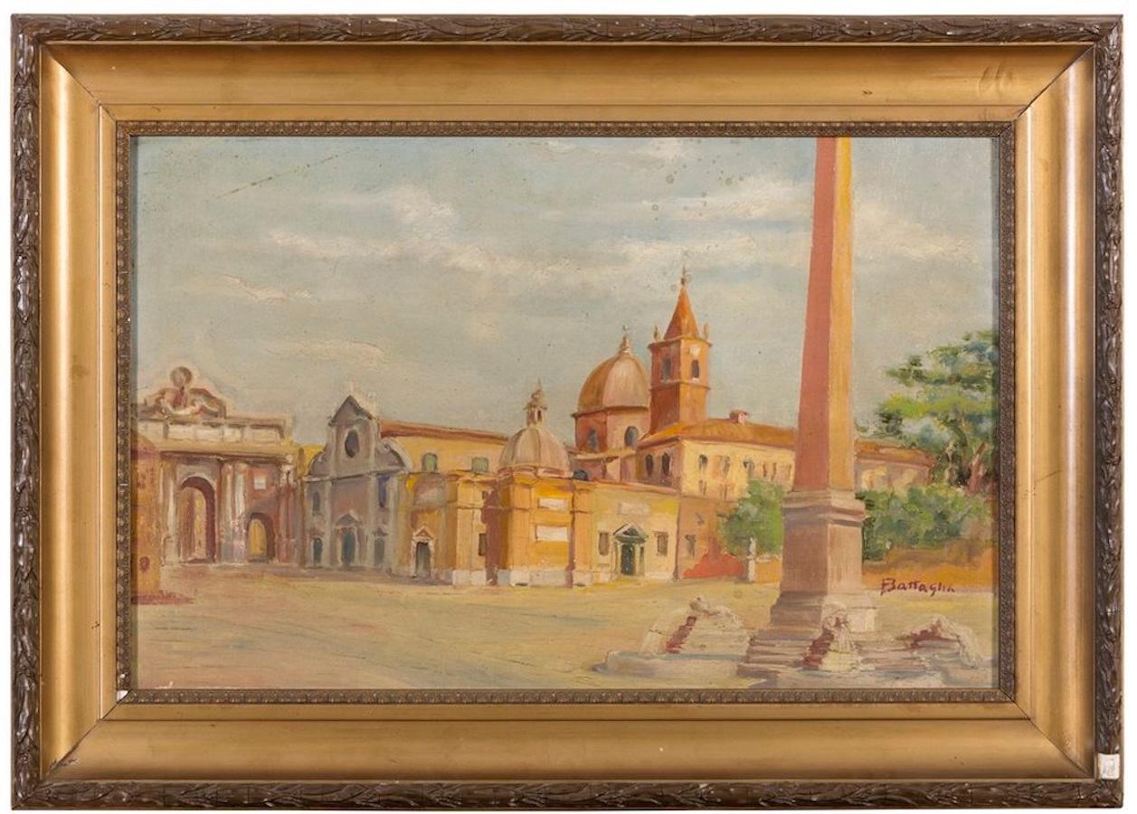 Alessandro Battaglia Figurative Painting – Piazza del Popolo, Rom – Öl auf Leinwand, Karton – frühes 20. Jahrhundert