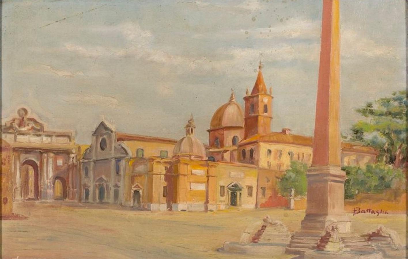 Piazza del Popolo, Rome - Oil on Canvased Cardboard - Early 20th Century - Painting by Alessandro Battaglia