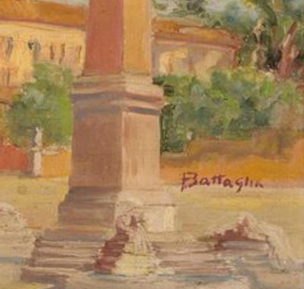 Piazza del Popolo, Rom – Öl auf Leinwand, Karton – frühes 20. Jahrhundert (Braun), Figurative Painting, von Alessandro Battaglia
