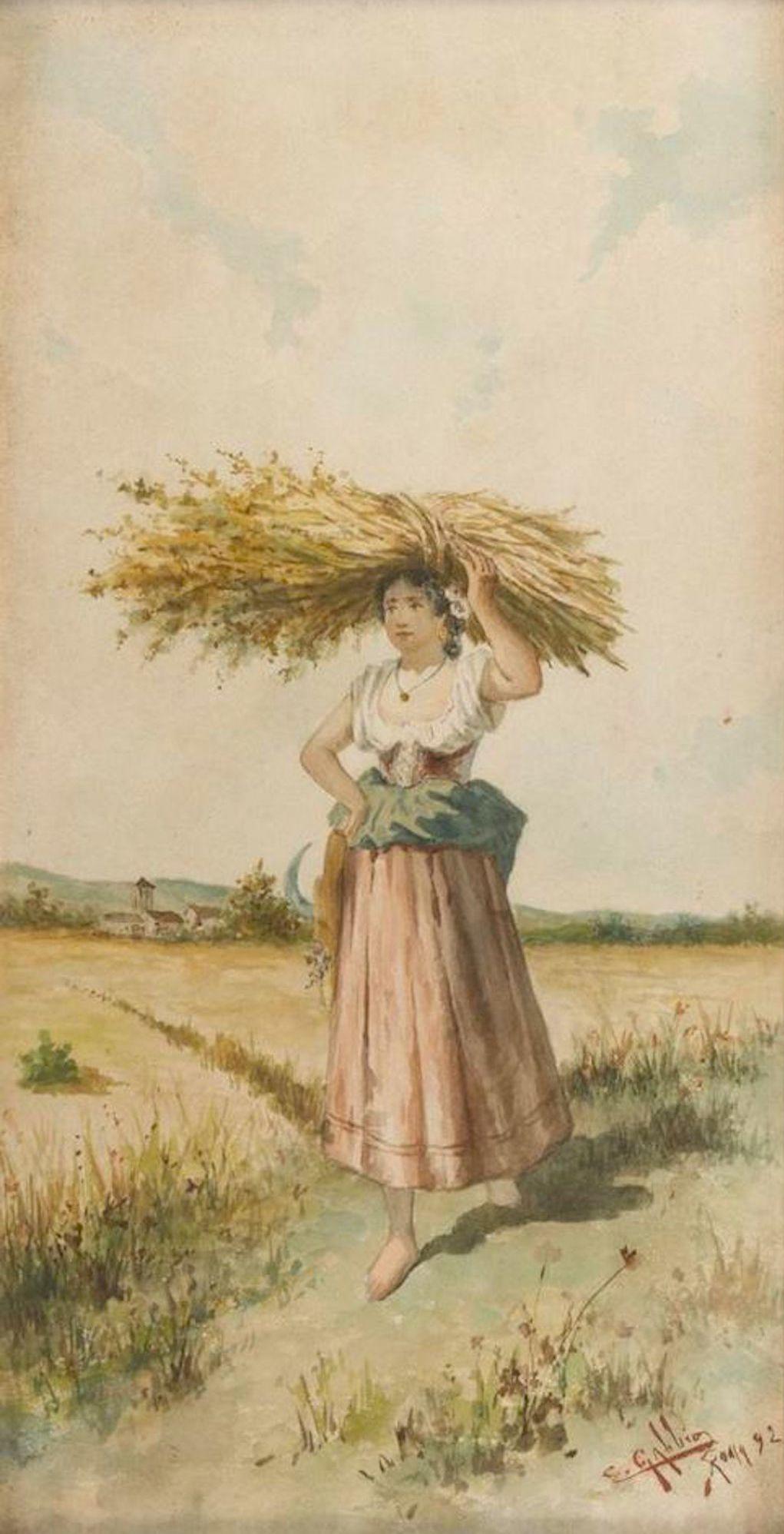 Campesinos con manojo de espigas - Pareja de acuarelas sobre papel - 1892 - Art de Unknown