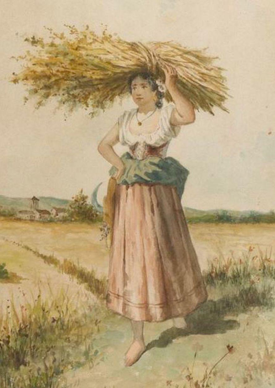 Campesinos con manojo de espigas - Pareja de acuarelas sobre papel - 1892 en venta 2