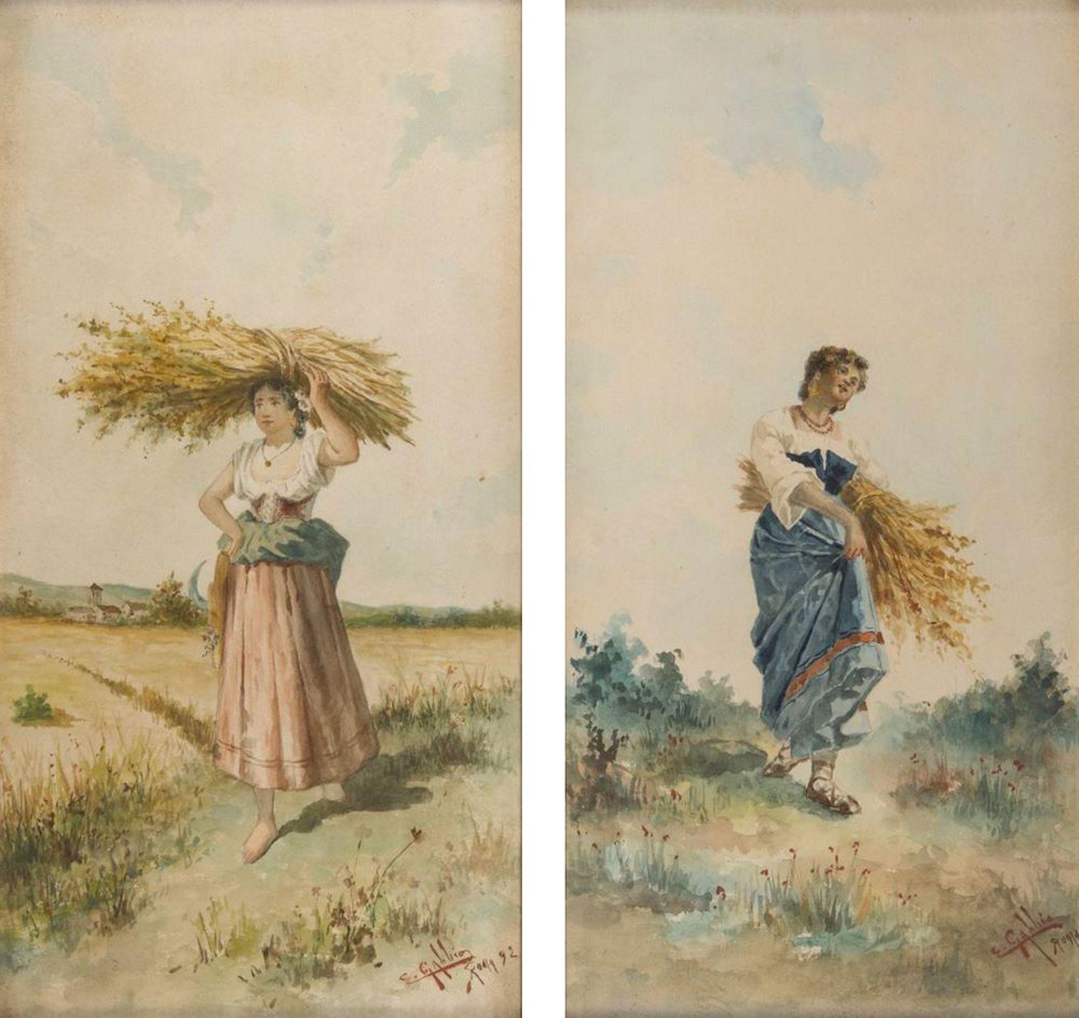 Figurative Art de Unknown - Campesinos con manojo de espigas - Pareja de acuarelas sobre papel - 1892