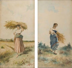 Farmers with Bundle of Spikes - Pair of Watercolors on Paper - 1892