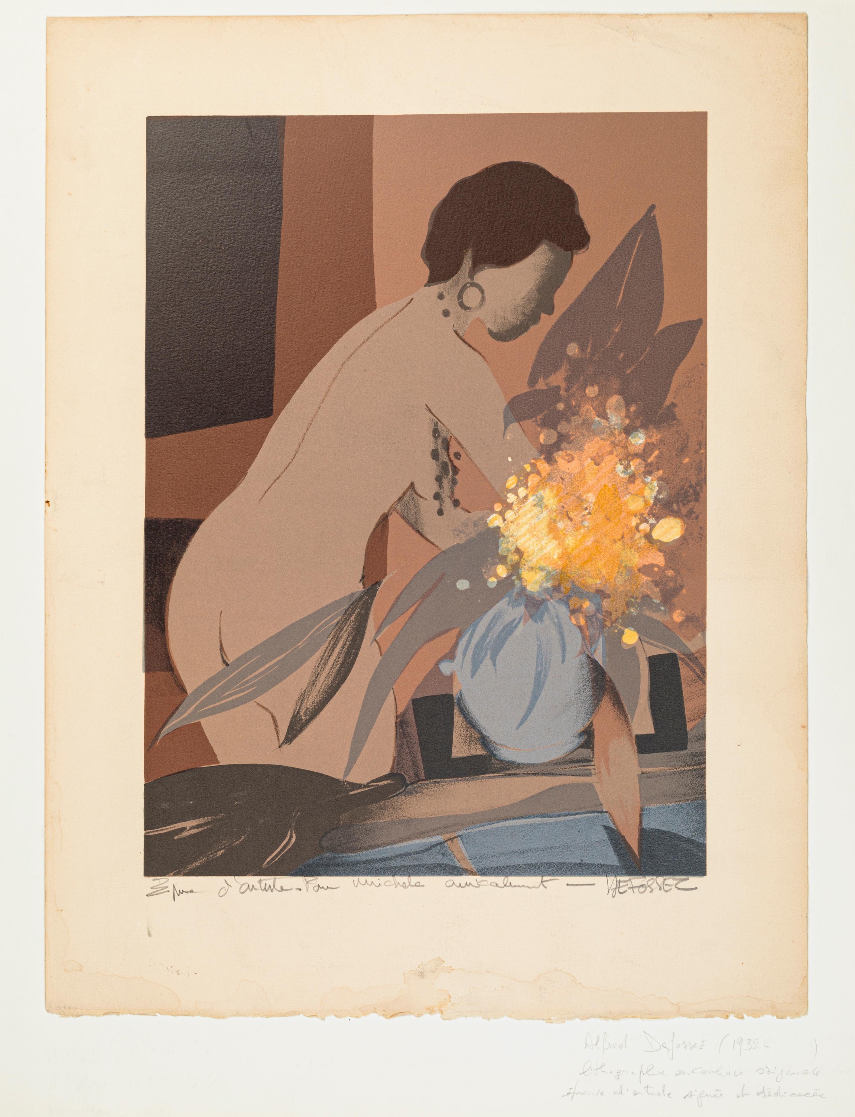 Alfred Defossez Nude Print - Femme au Bouquet - Lithograph on Paper by A. Defossez - Mid 20th Century