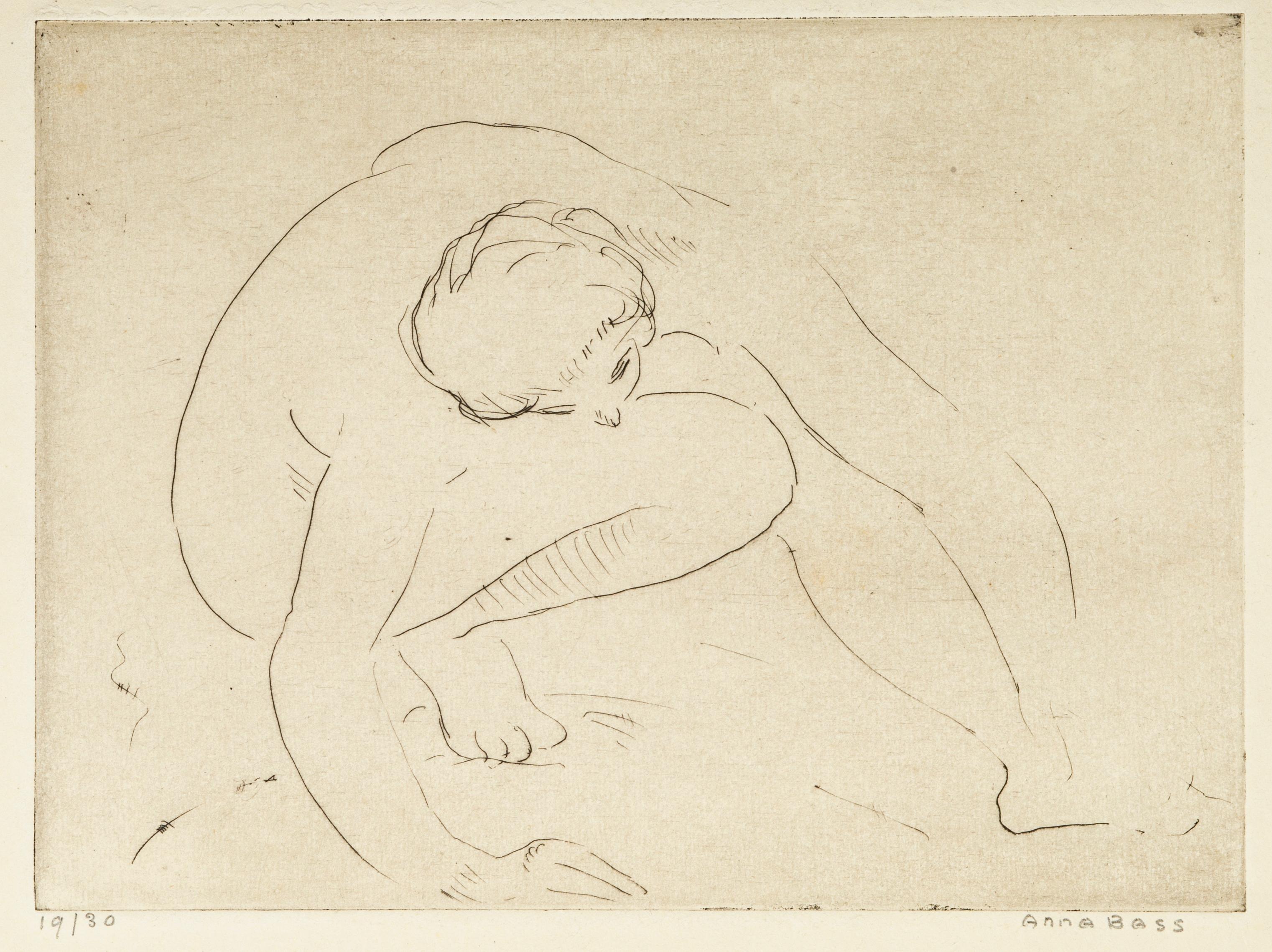 Reclined Nude - Etching and drypoint by Anna Bass - Late 20th Century