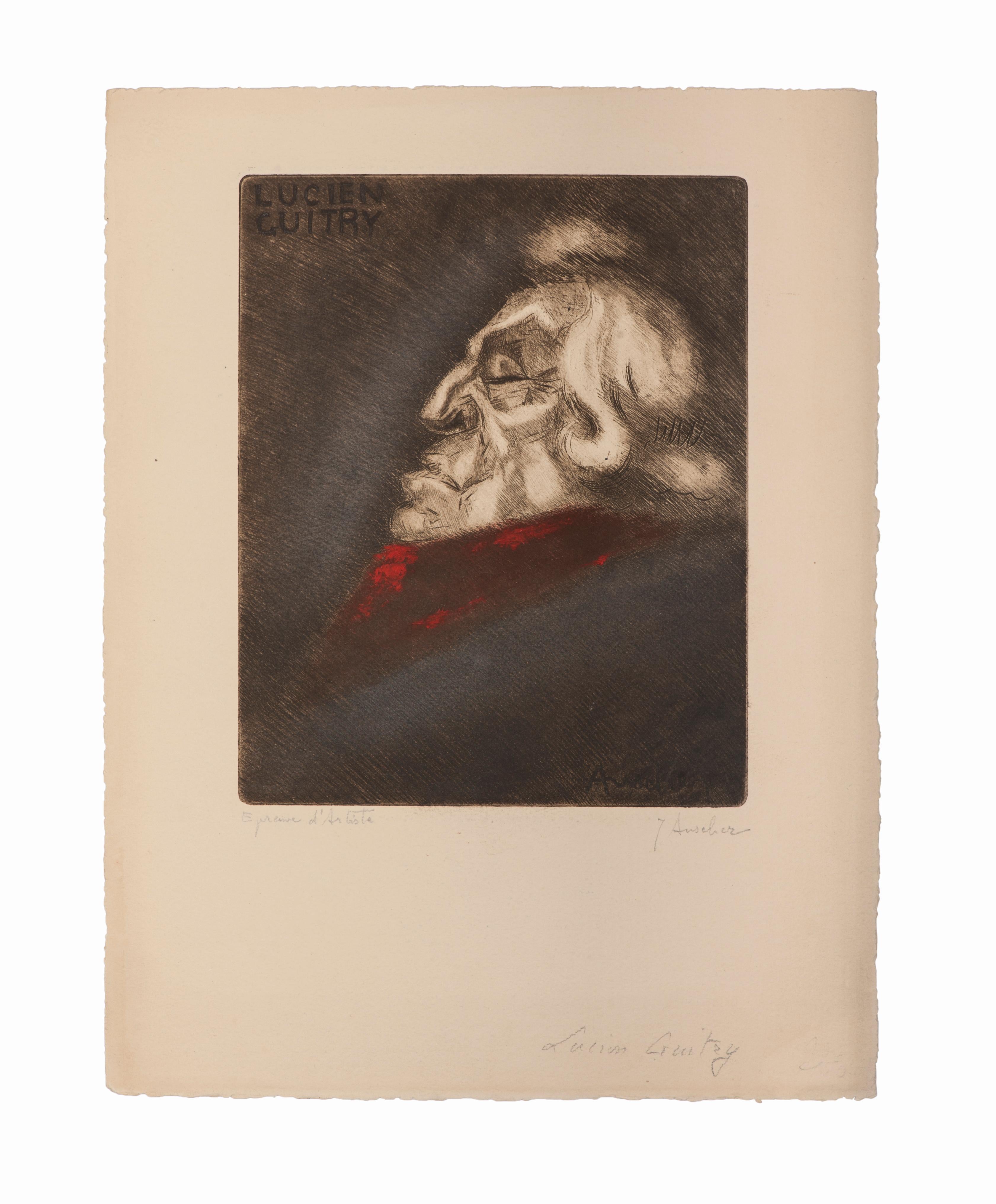 Retrato de Lucien Guitry - Aguafuerte sobre papel de Jean Auscher - Mediados del siglo XX en venta 1