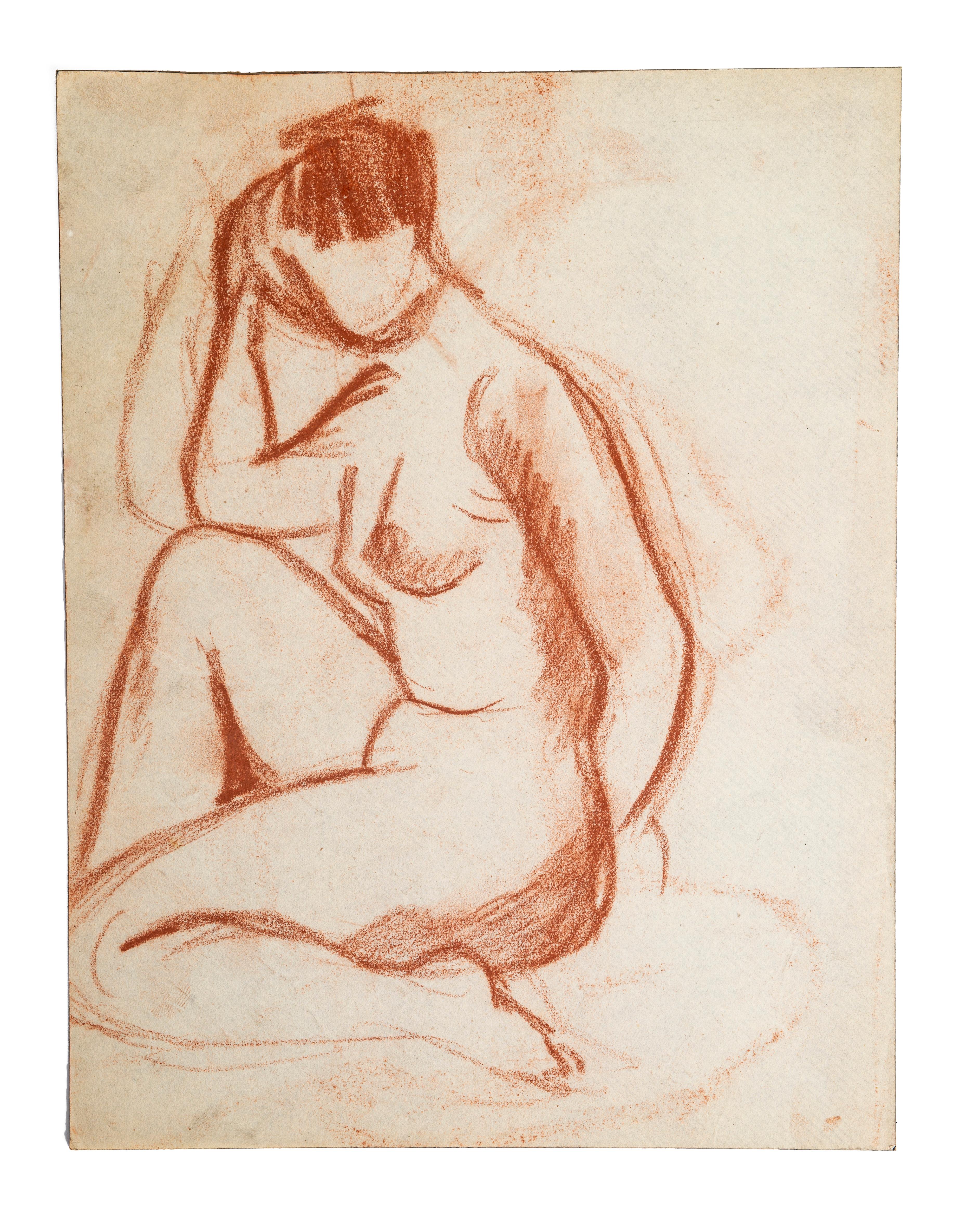 Unknown Figurative Art - Nudes - Original Sanguine Drawing by French Master Early 20th Century