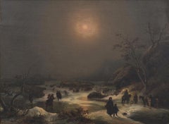 Paesaggio notturno del Nord - Olio su tela di J.F. Assia - Metà del XIX secolo