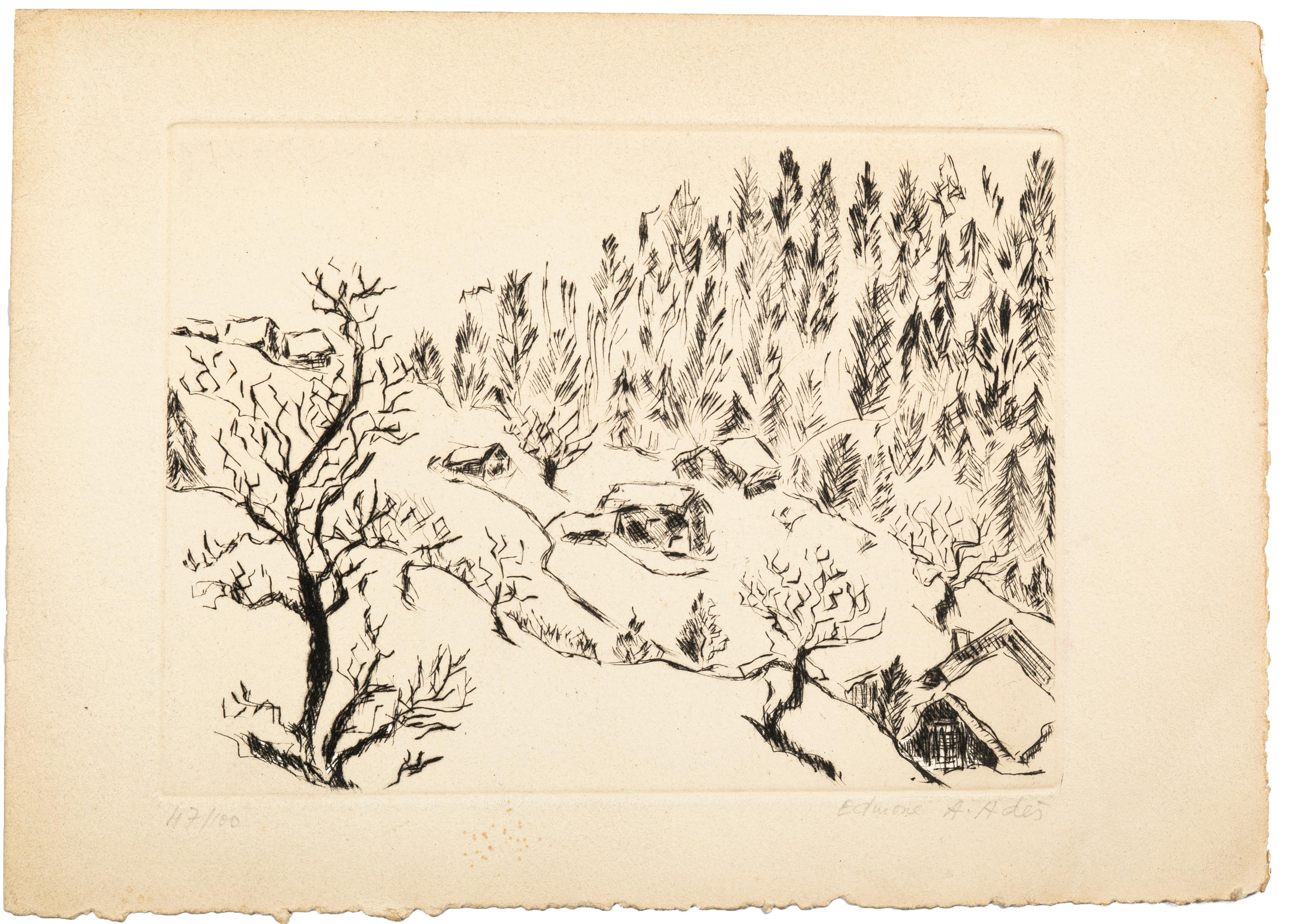 Landscape is a black and white print realized by Edmone A. Ades in the First Half 20th Century. 

Etching and drypoint.

The artwork represents a landscape. Hand-signed on the lower margin. Numbered on the lower left. Edition of 47/90.

Good