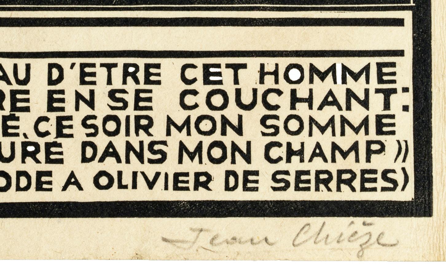 1941 is a black and white xylograph realized by Jean Chieze (1898-1975), in the First Half 20th Century.

The artwork represents the ode of the fourth centenary by Charles Forot to Olivier de Serres. The artwork is illustrated by Jean Chieze.

Good