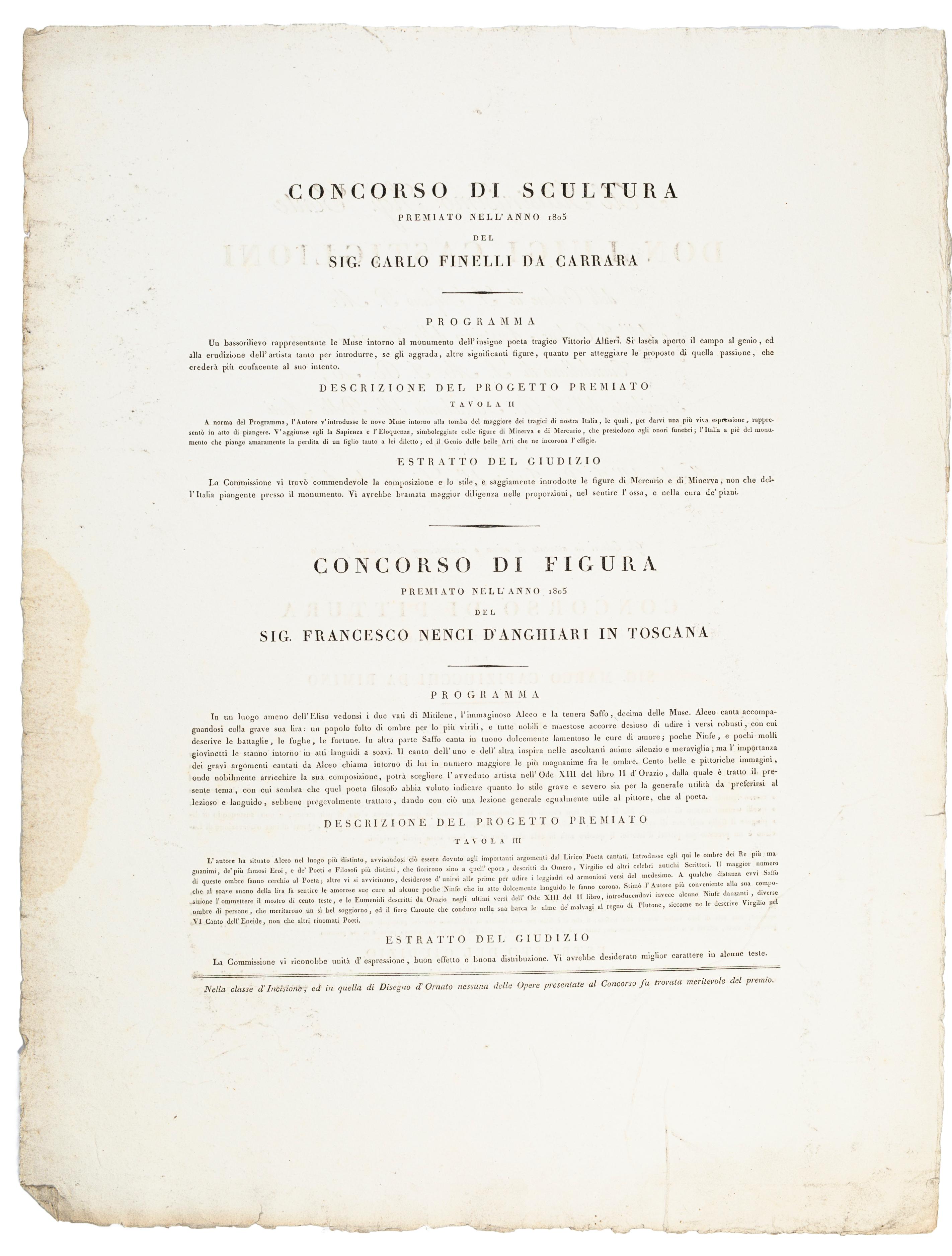 Opere dei Grandi Concorsi is a beautiful issue realized in 1805 by the Academy of Fine Art in Milan in the occasion of the prestigious artistic price: the Sculpture competition was winned by Carlo Finelli da Carrara,  the Drawing competition by