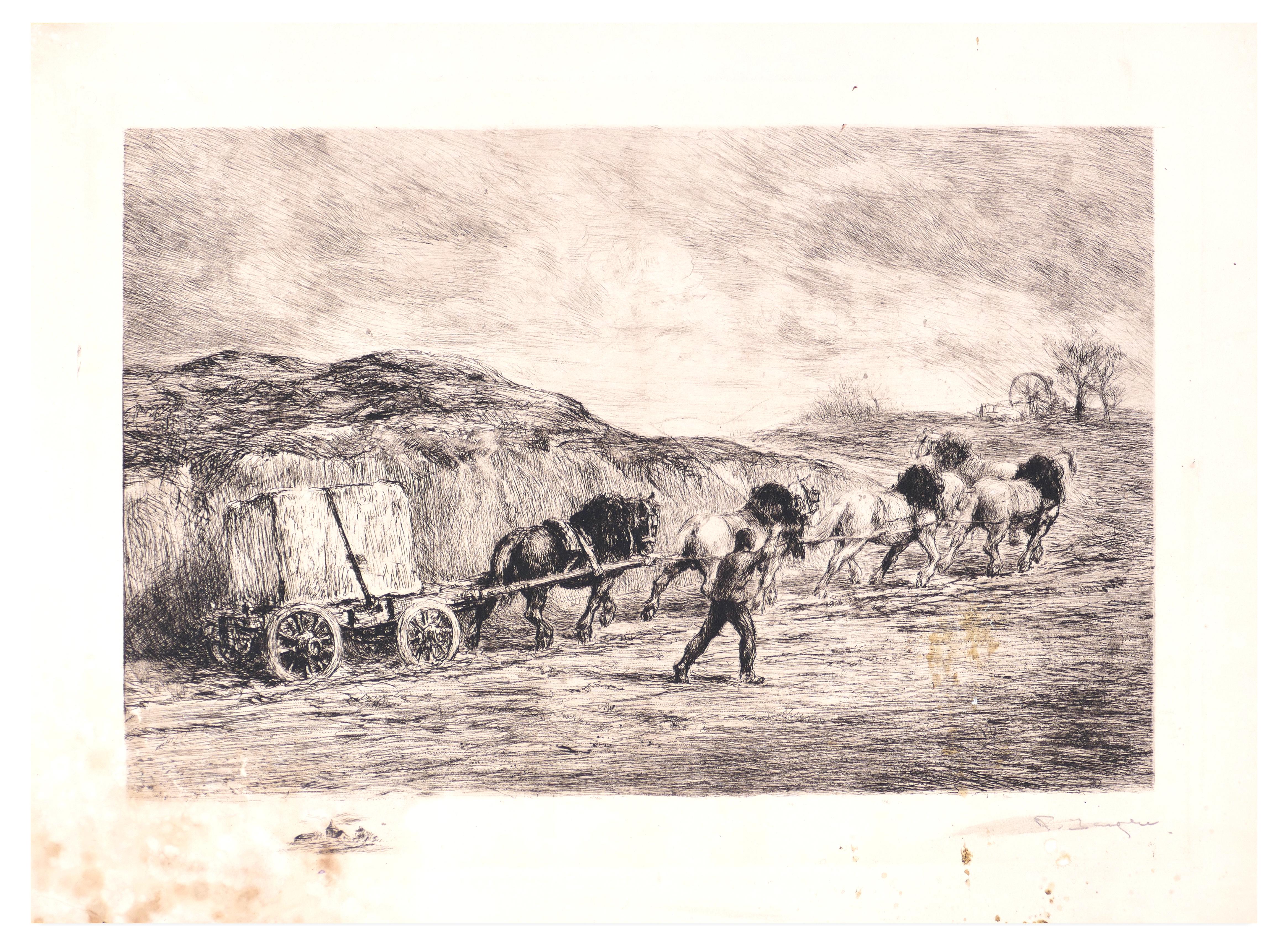 L'équipe de chevaux - eau-forte originale de F. Jacque - fin du 19ème siècle