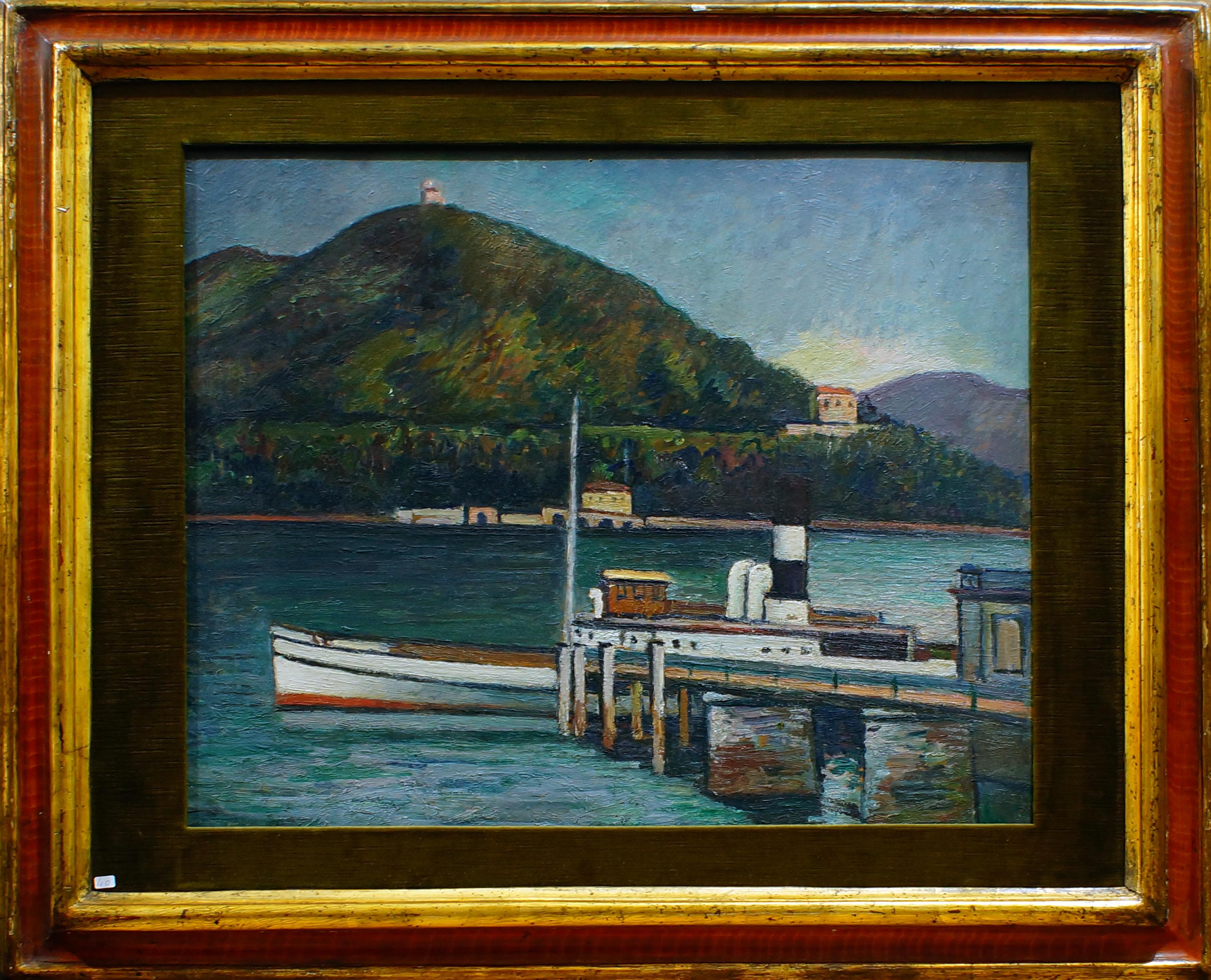 Jetty on the Lake Iseo - Oil on Board by P. Marussig - 1928/30 - Painting by Piero Marussig