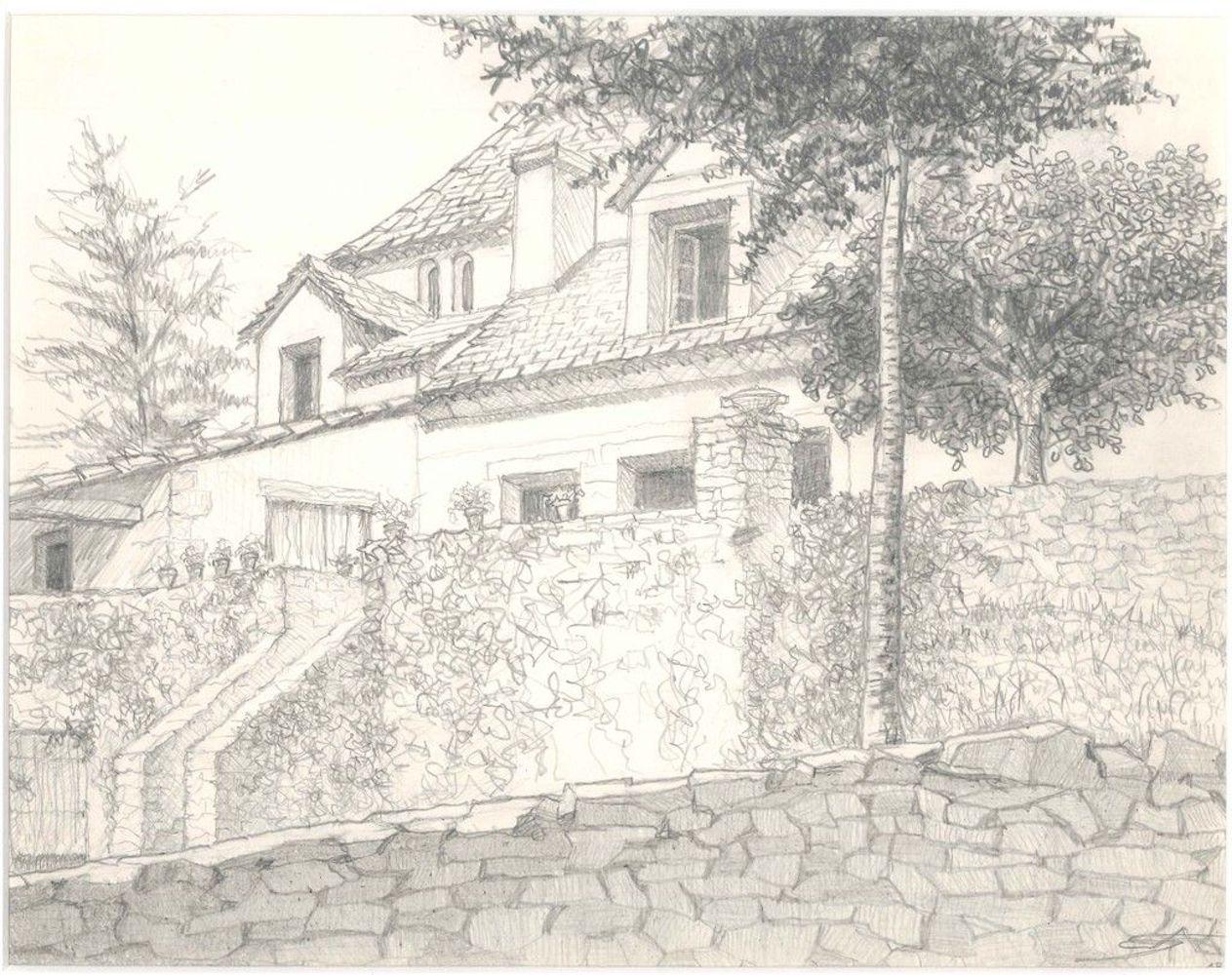 André Roland Brudieux Landscape Art - Les Eyzies (French Countryside) - Original Pencil Drawing 1986