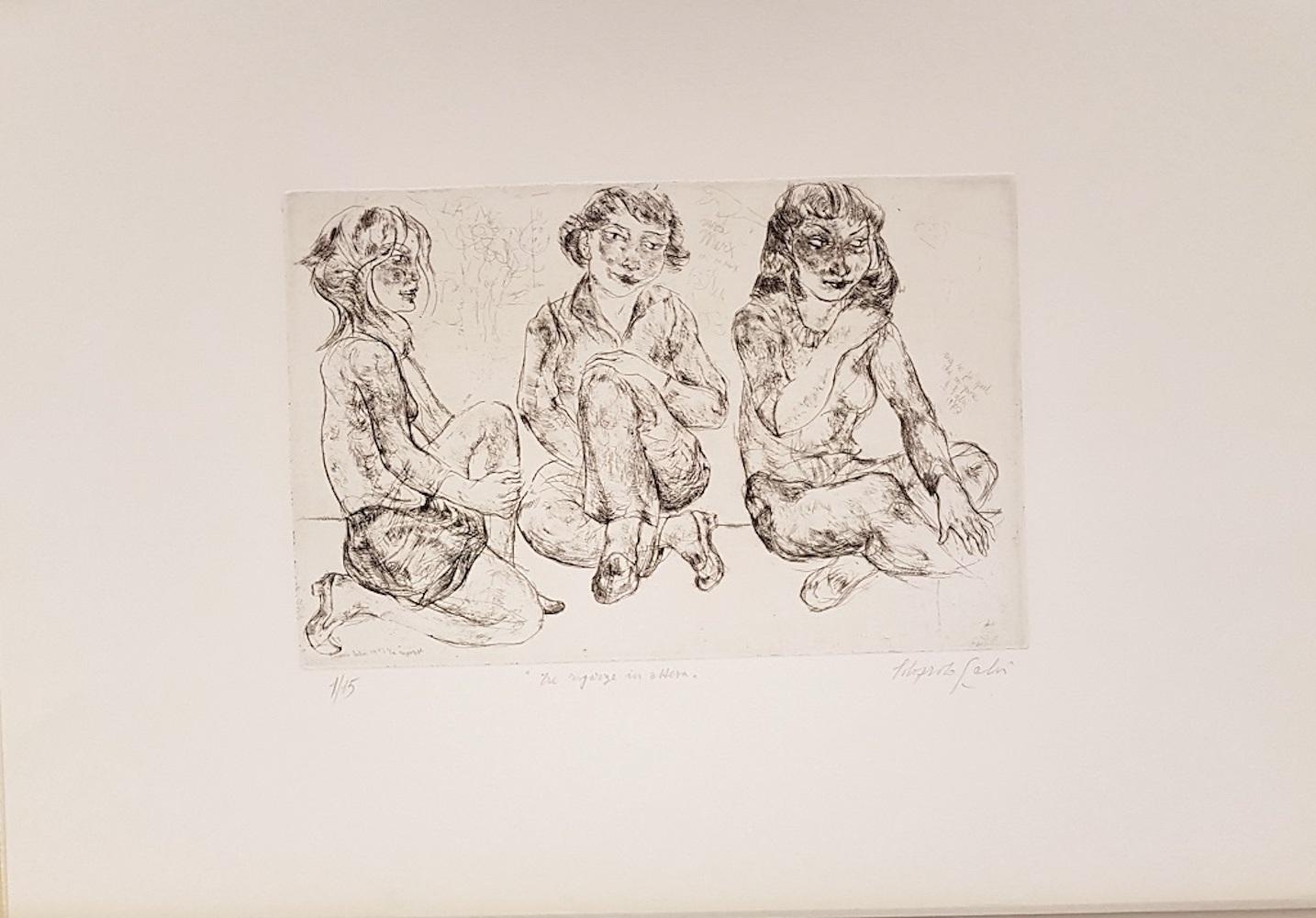 Edoardo Salvi Figurative Print - Three Girls Waiting - Original Etching 1873
