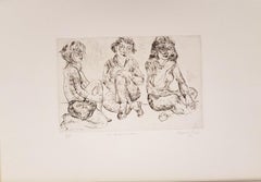 Three Girls Waiting - Original Etching 1873