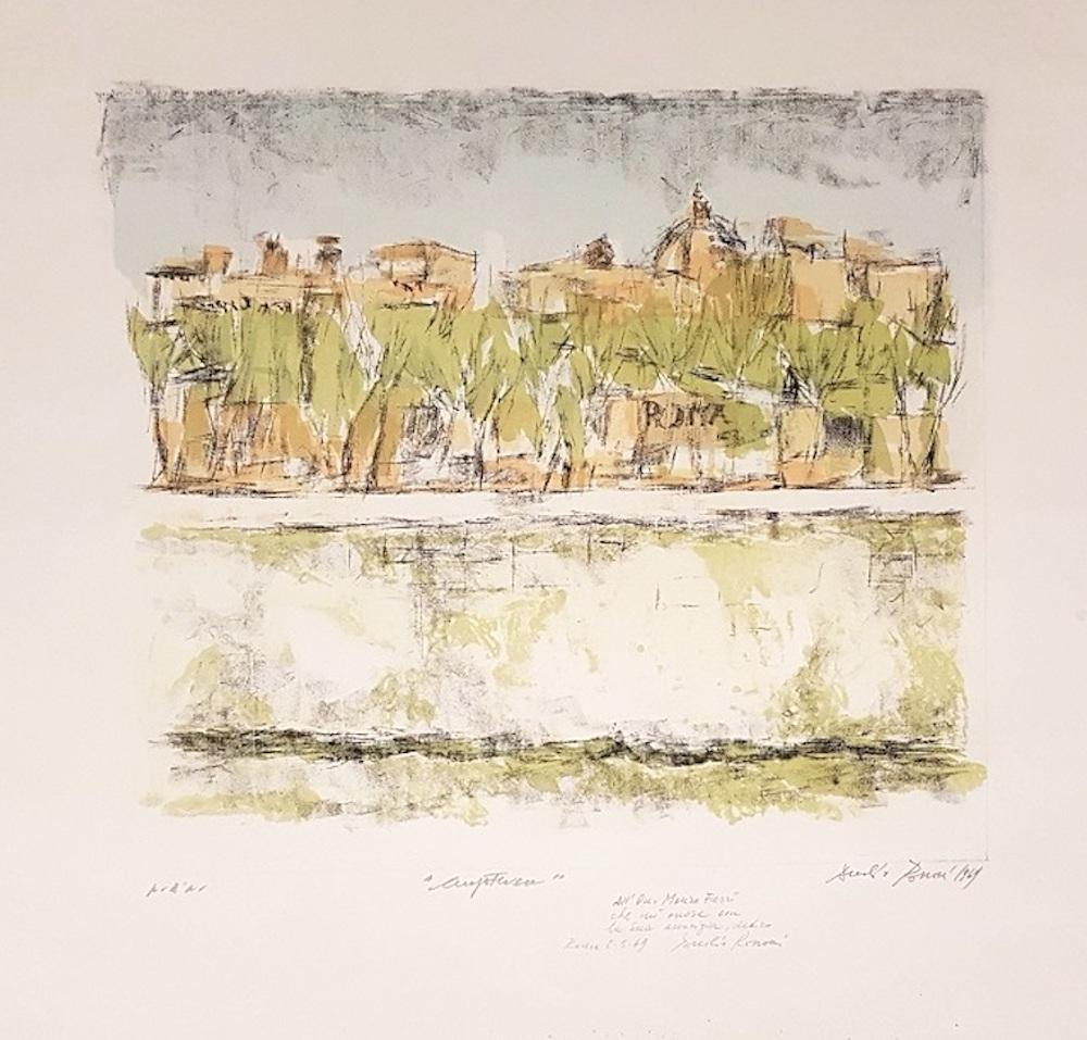 Duilio Rossoni Landscape Print - Lungotevere in Rome - Original Lithograph by D. Rossoni - 1969