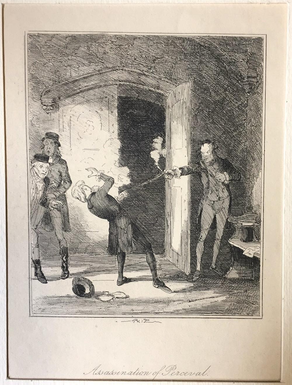 Browne Hablot Knight  Figurative Print - Assassination of Percival - Original Etching by PHIZ - Mid 19th Century 