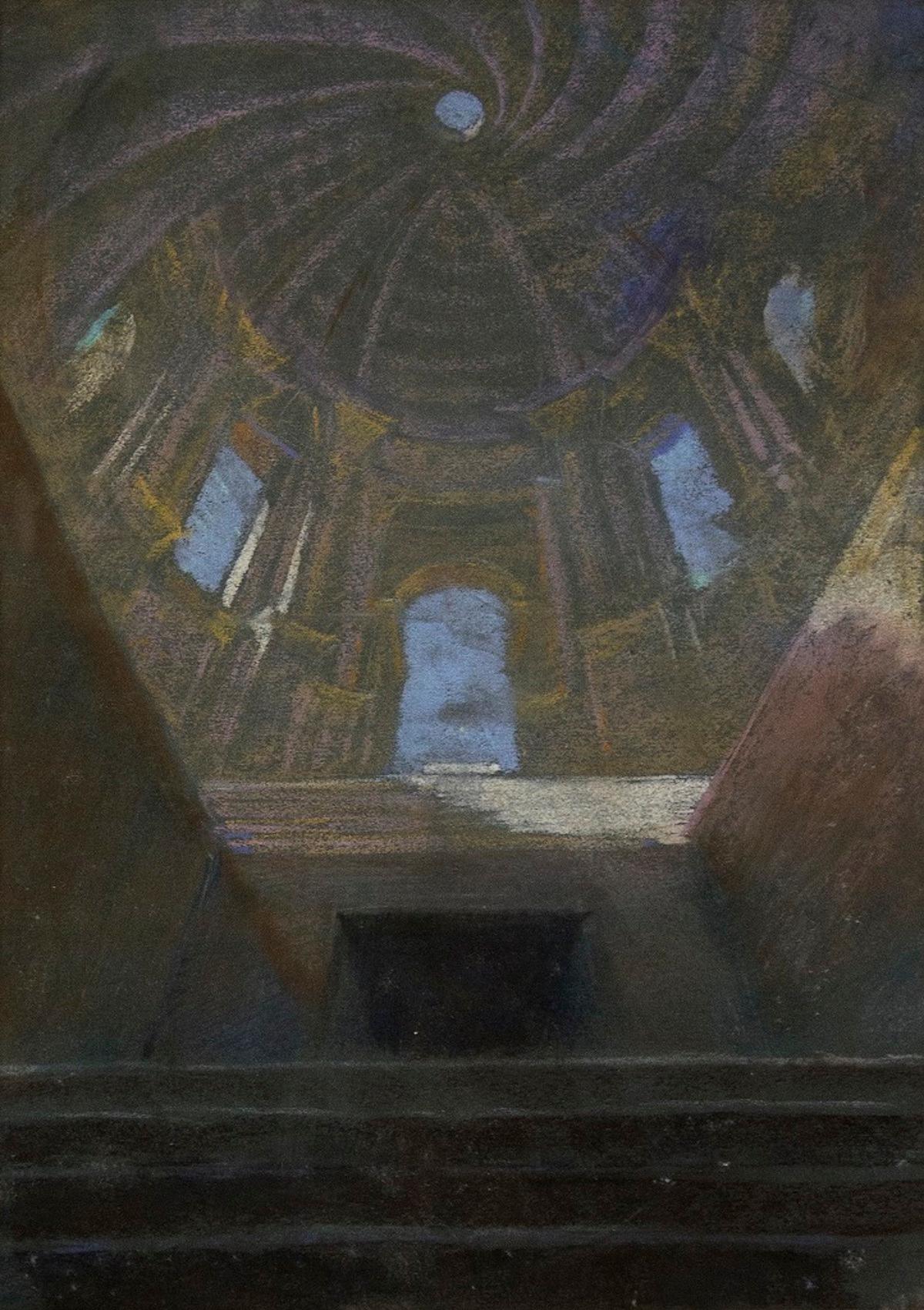 Interior of Church - Pastel Drawing by E. Barberis - Mid 20th Century