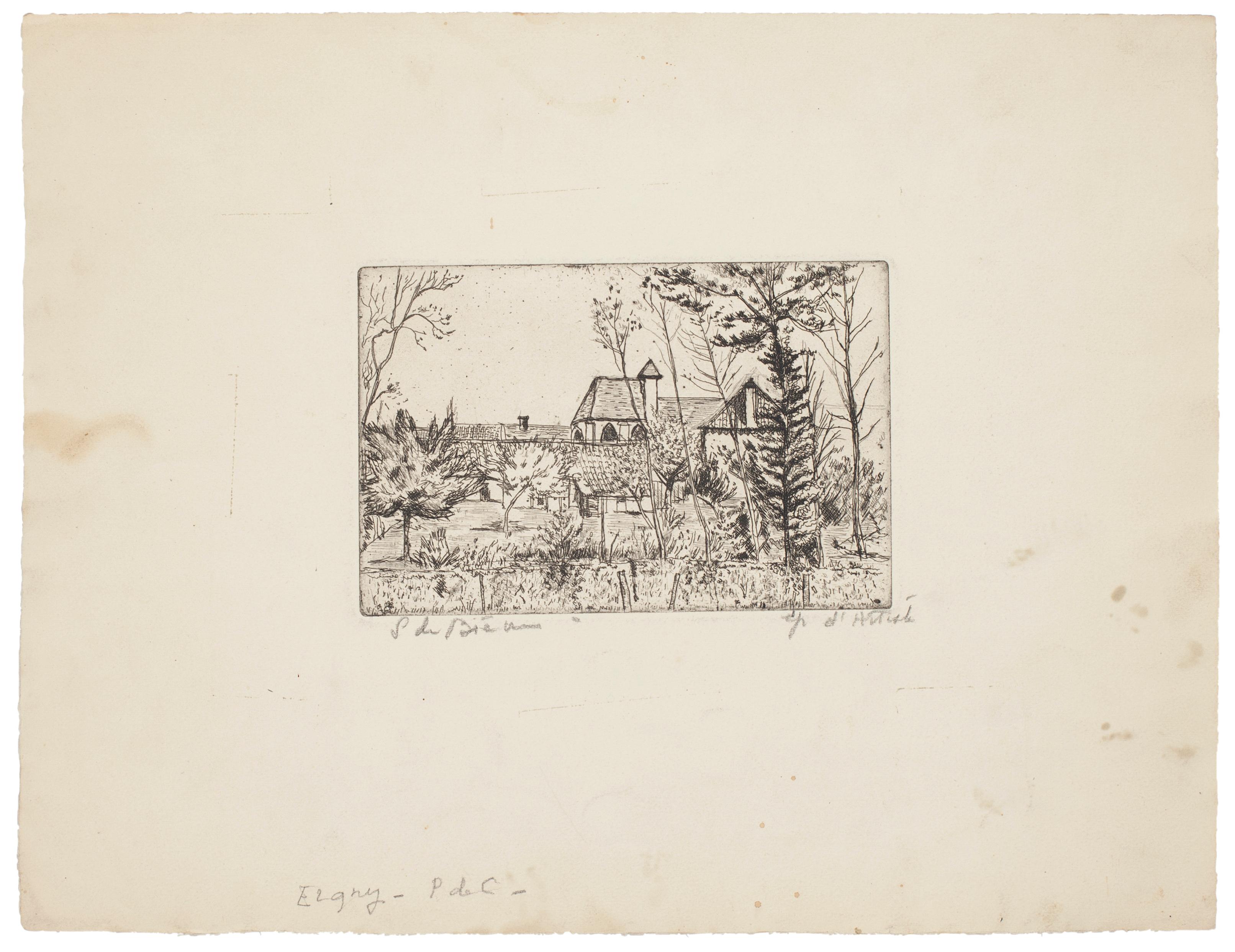 Landscape is an original etching on paper realized by Solange de Bièvre, with the inscription on the lower right and left.

In very good conditions.
Image dimensions: 14.5 x 9.5 cm.
Sheet dimension: 32x 24.5.

The artwork represents a beautiful