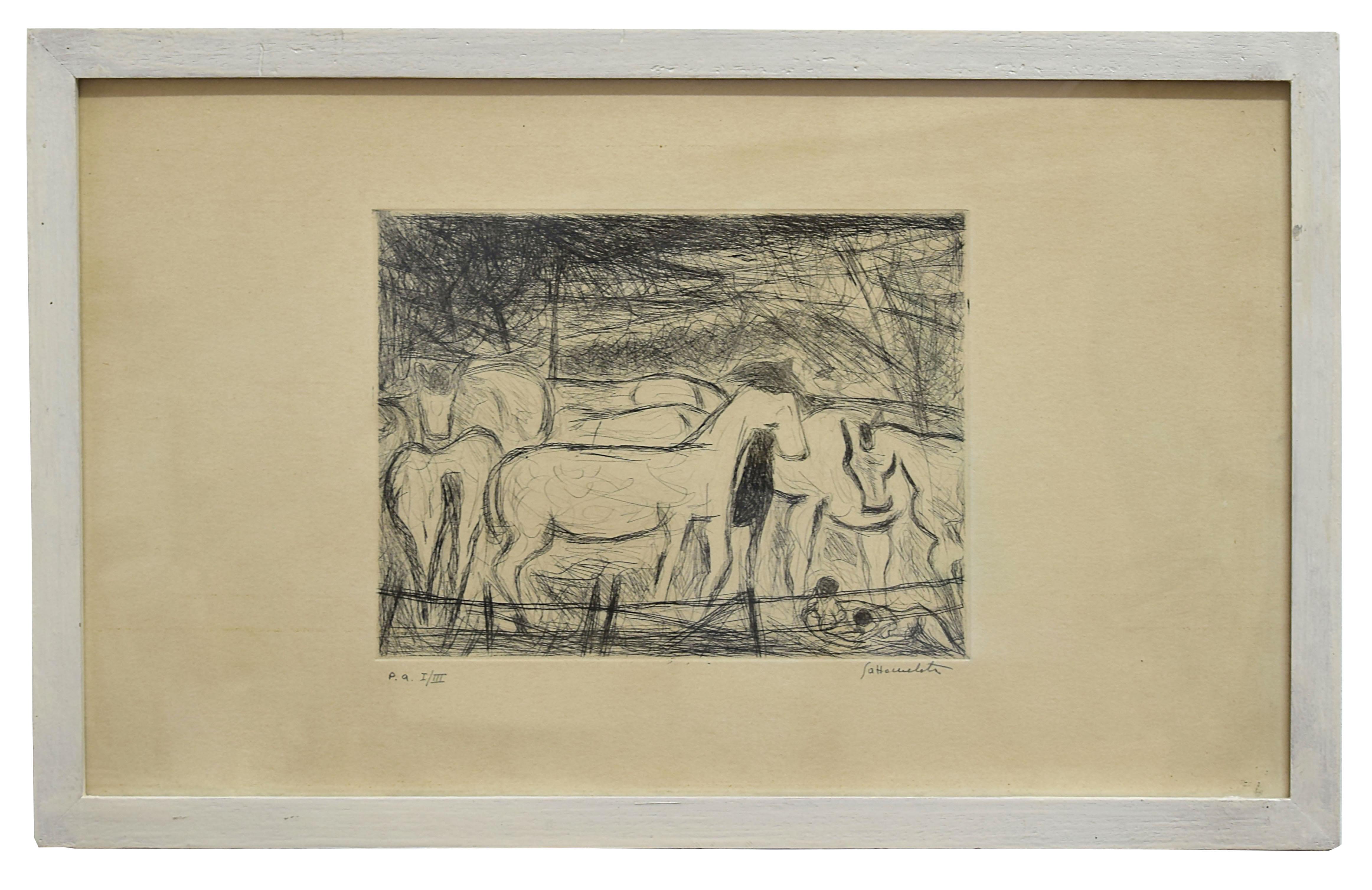 Horses - Original Etching by N. Gattamelata - Late 20th Century - Print by Nazareno Gattamenata