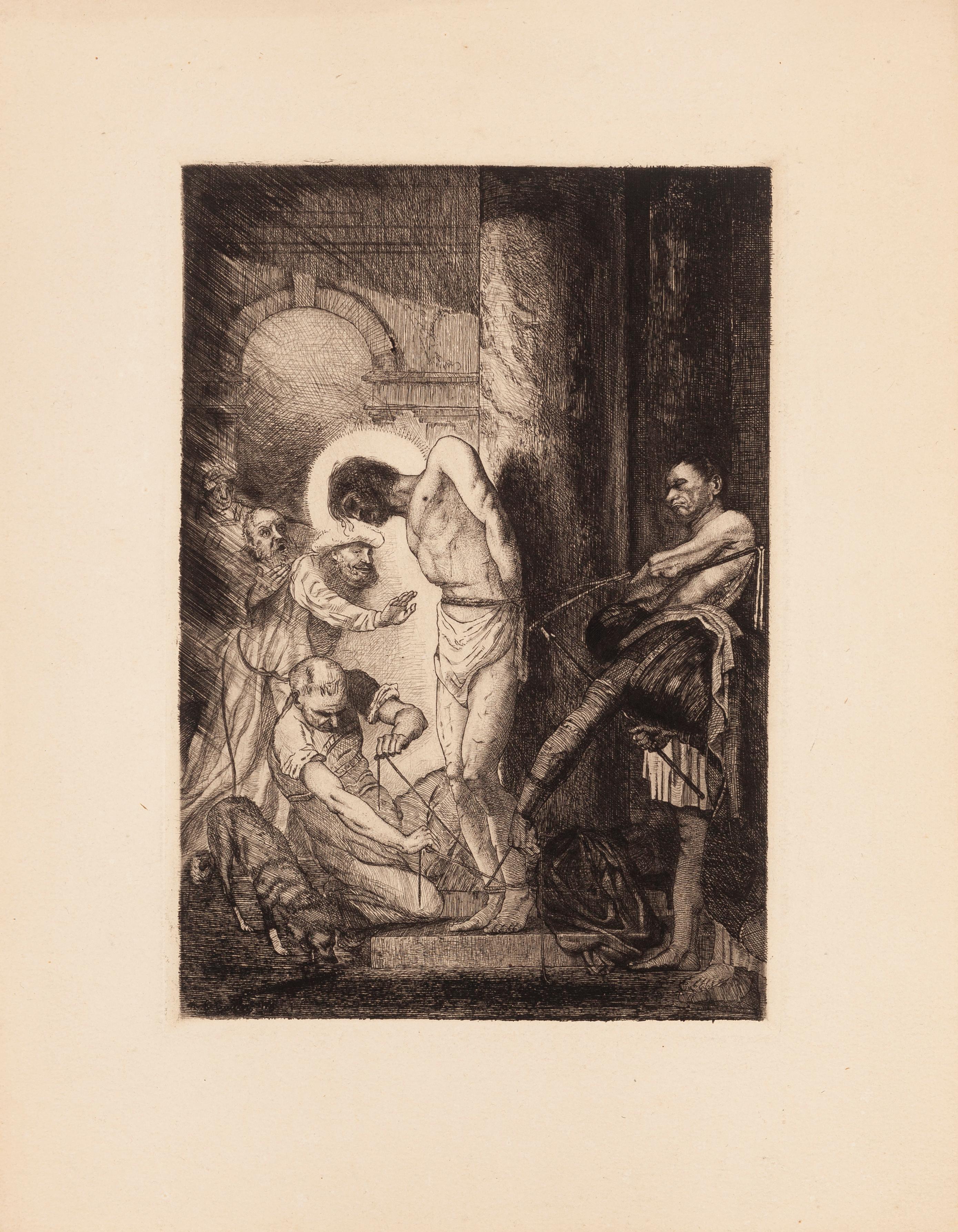 Edouard Guillez Figurative Print - Christ à la Colonne - Etching by E. Guillez - 1910