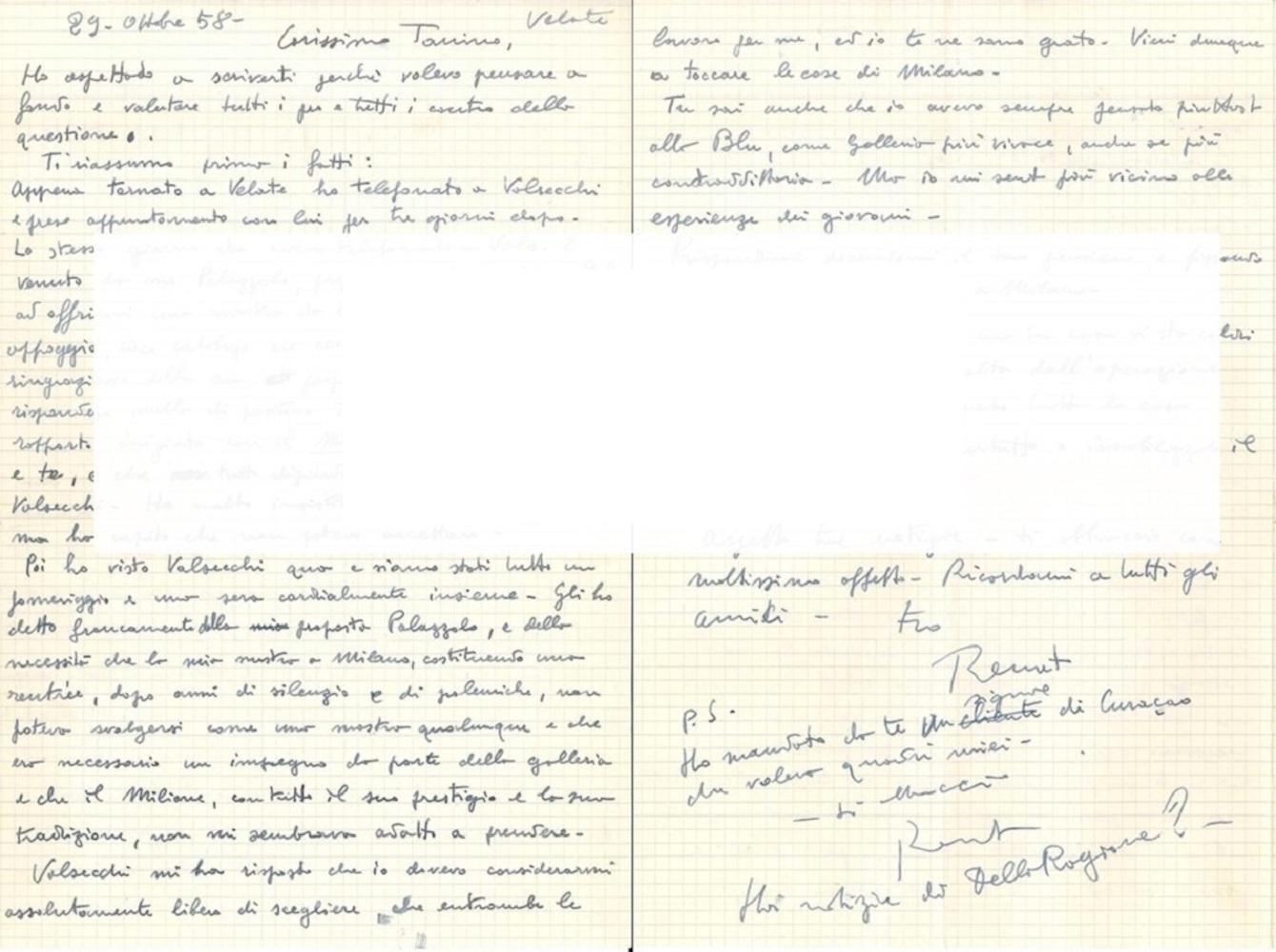Lettre autographe signée par Renato Guttuso à Gaetano Chiurazzi, dit "Tanino". Velate, 29 octobre 1958. Deux pages ( recto et verso), in 8°, en italien. Excellentes conditions, avec quelques plis habituels du papier. 