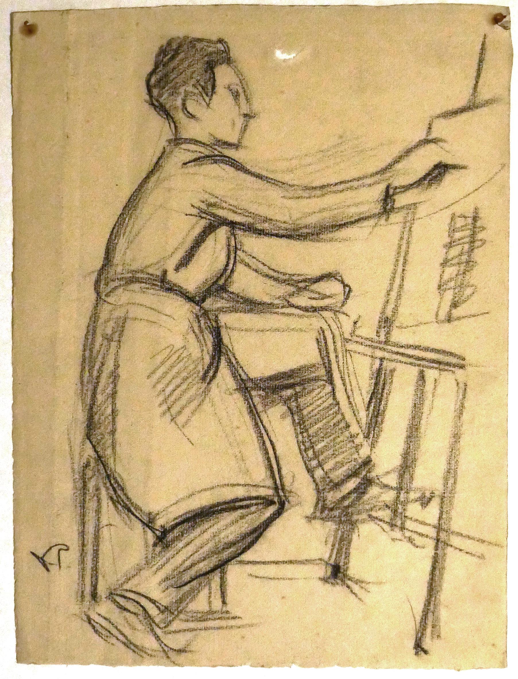 Victor Prout Figurative Art - Self Portrait - Original Pencil Drawing by V. Prout - Early 20th Century