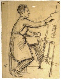 Portrait autoportrait - dessin original au crayon par V. Prout - début du XXe siècle