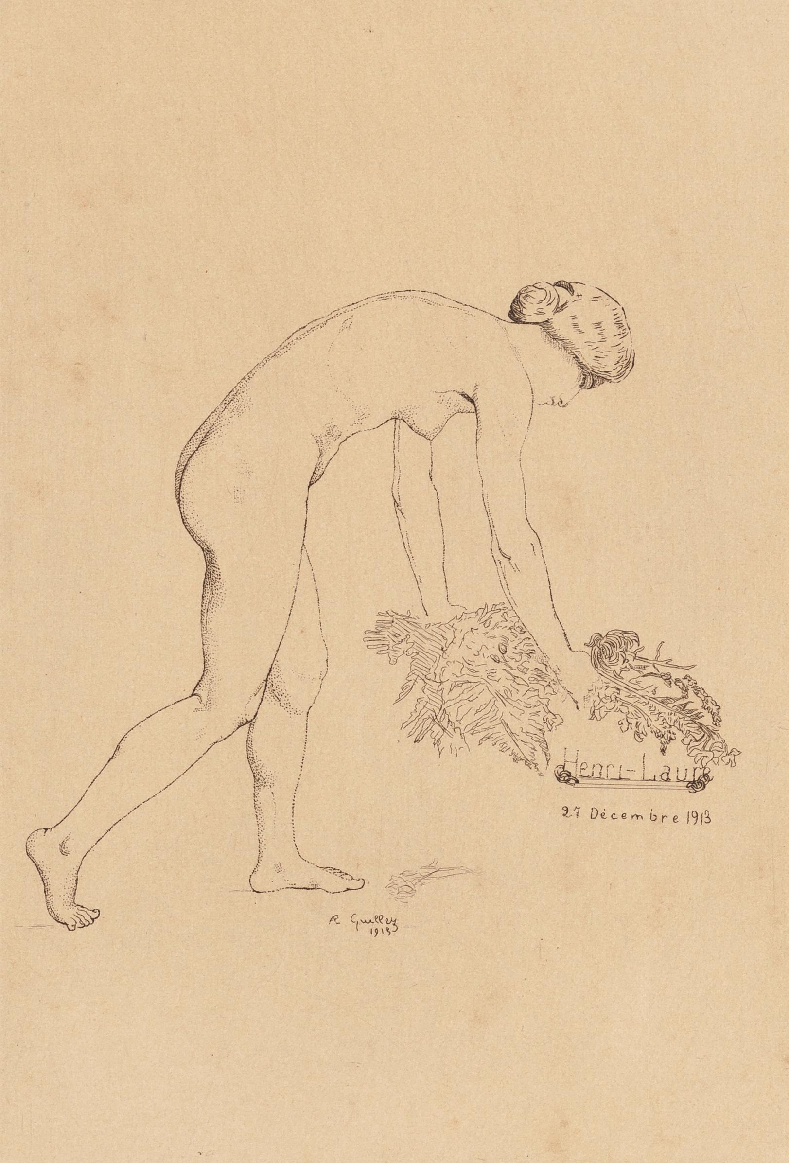 Arthur Edouard Guillez Nude Print - Nude Woman - Original Etching y A.E. Guillez - 1913