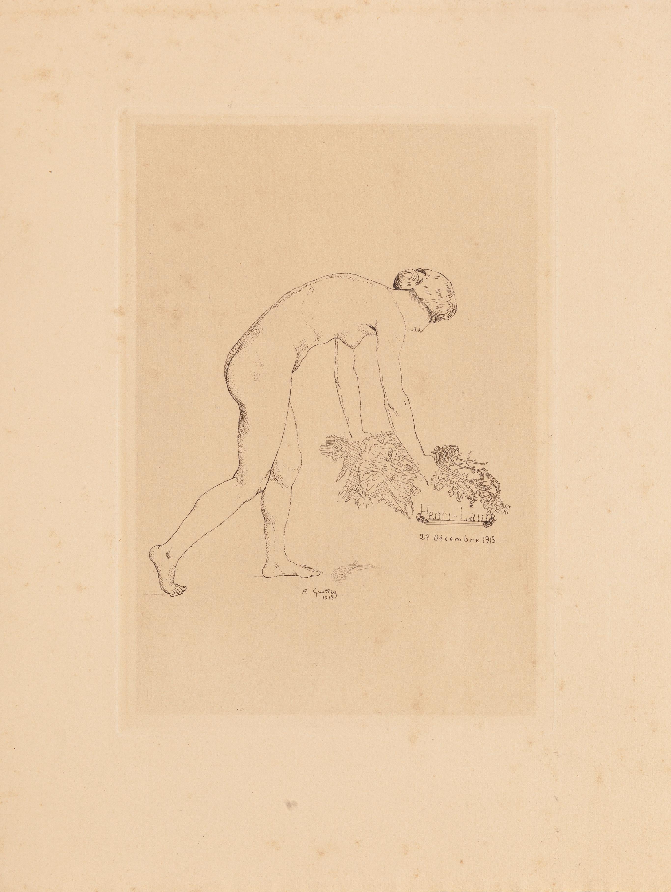 Nudefarbene Frau - Original-Radierung y A.E. Guillez - 1913 – Print von Arthur Edouard Guillez