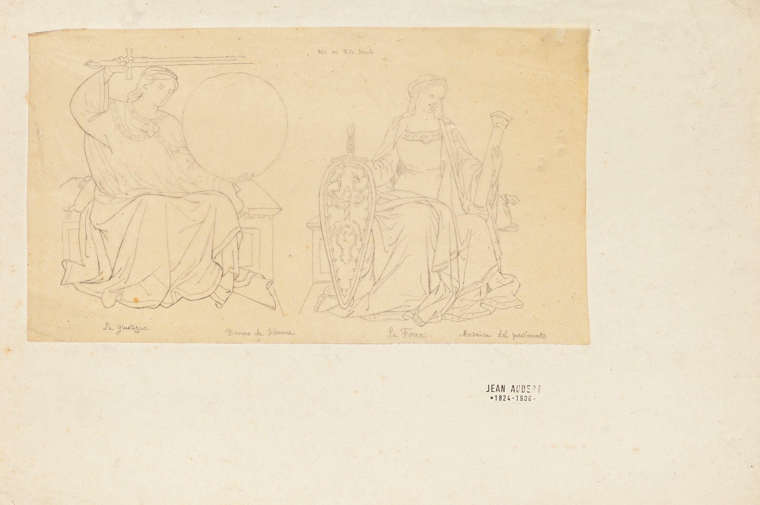 Jean Aubert Figurative Art - Scene from the Pavement of the Dome in Siena - Pencil Drawing - 1844