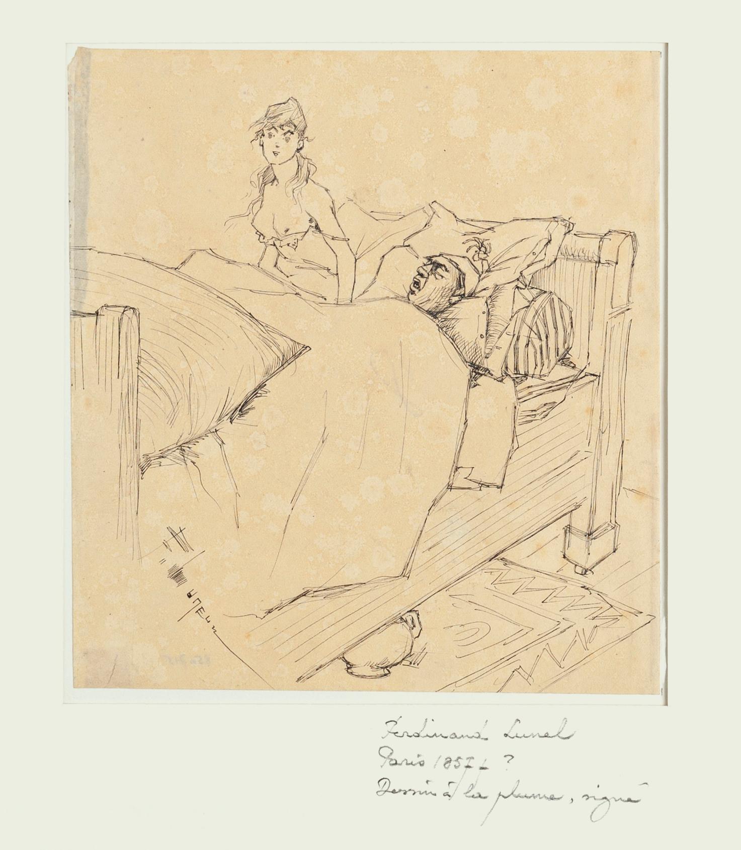 Couple - Drawing original au stylo par F. Lunel - Début du 20ème siècle
