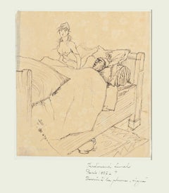 Couple - Original Pen Drawing by F. Lunel - Early 20th Century