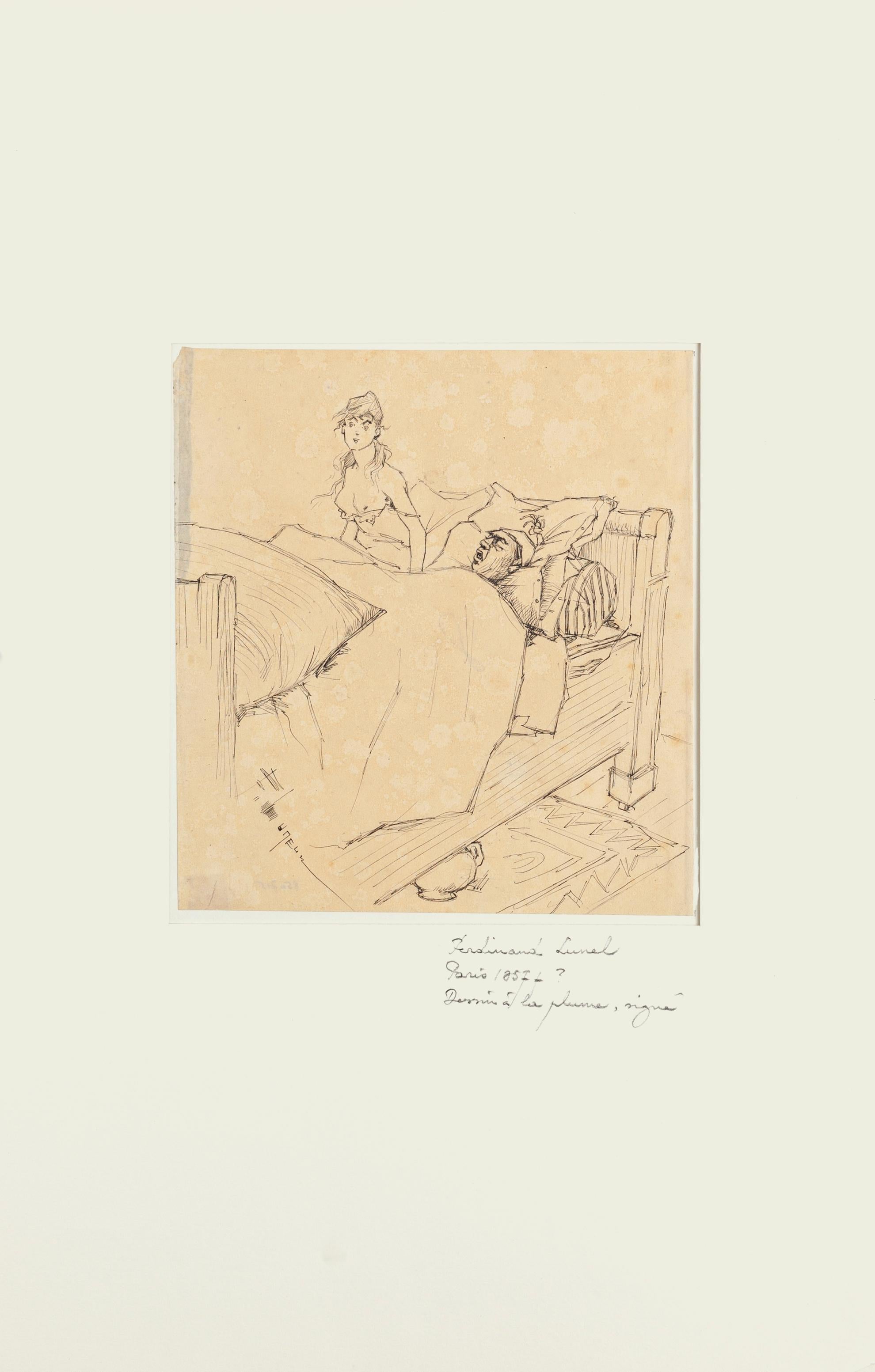 Pareja - Dibujo original a pluma de F. Lunel - Principios del siglo XX - Art de Ferdinando Lunel