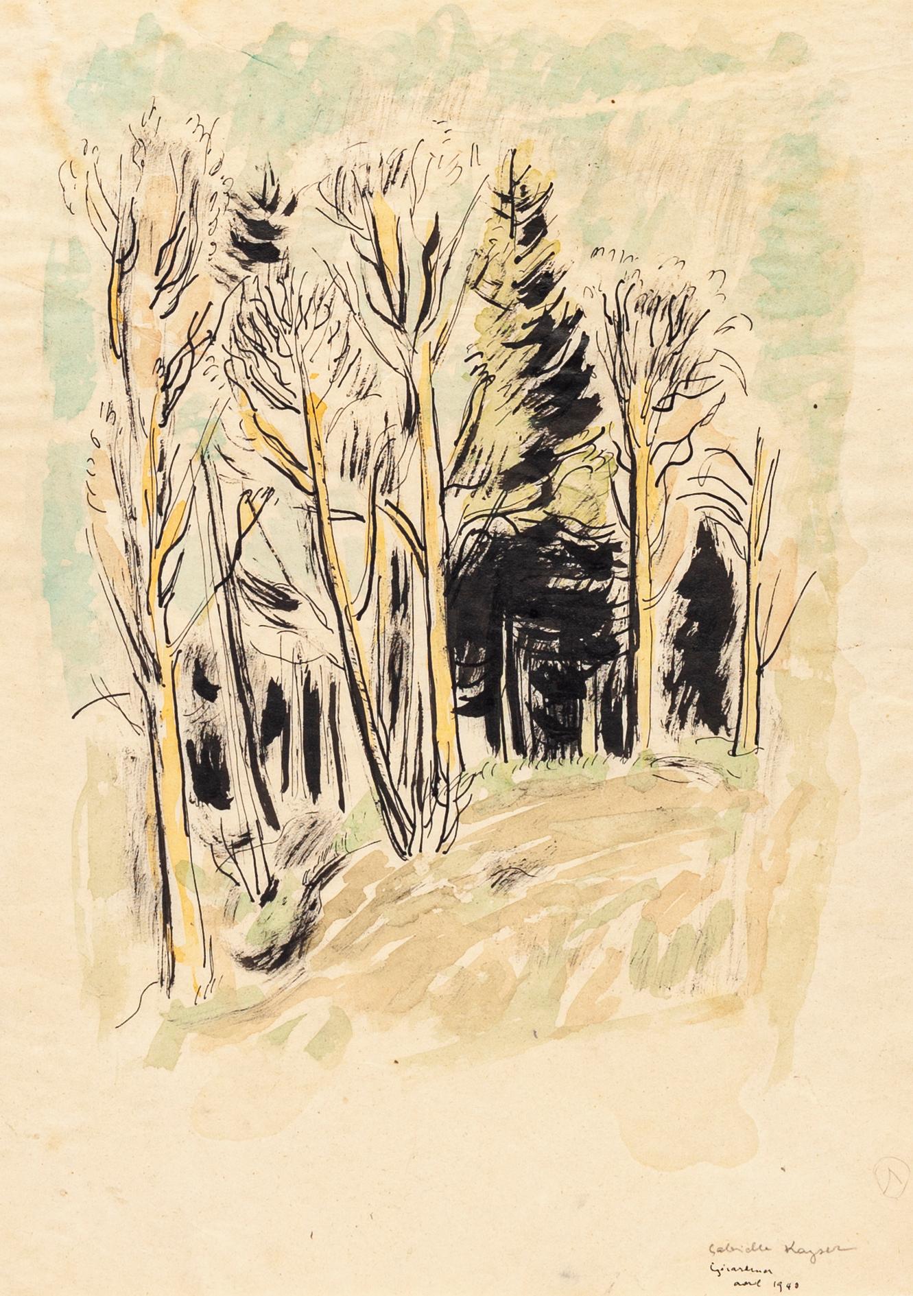 Into the Woods - China Ink and Watercolor by G. Kayser - 1948