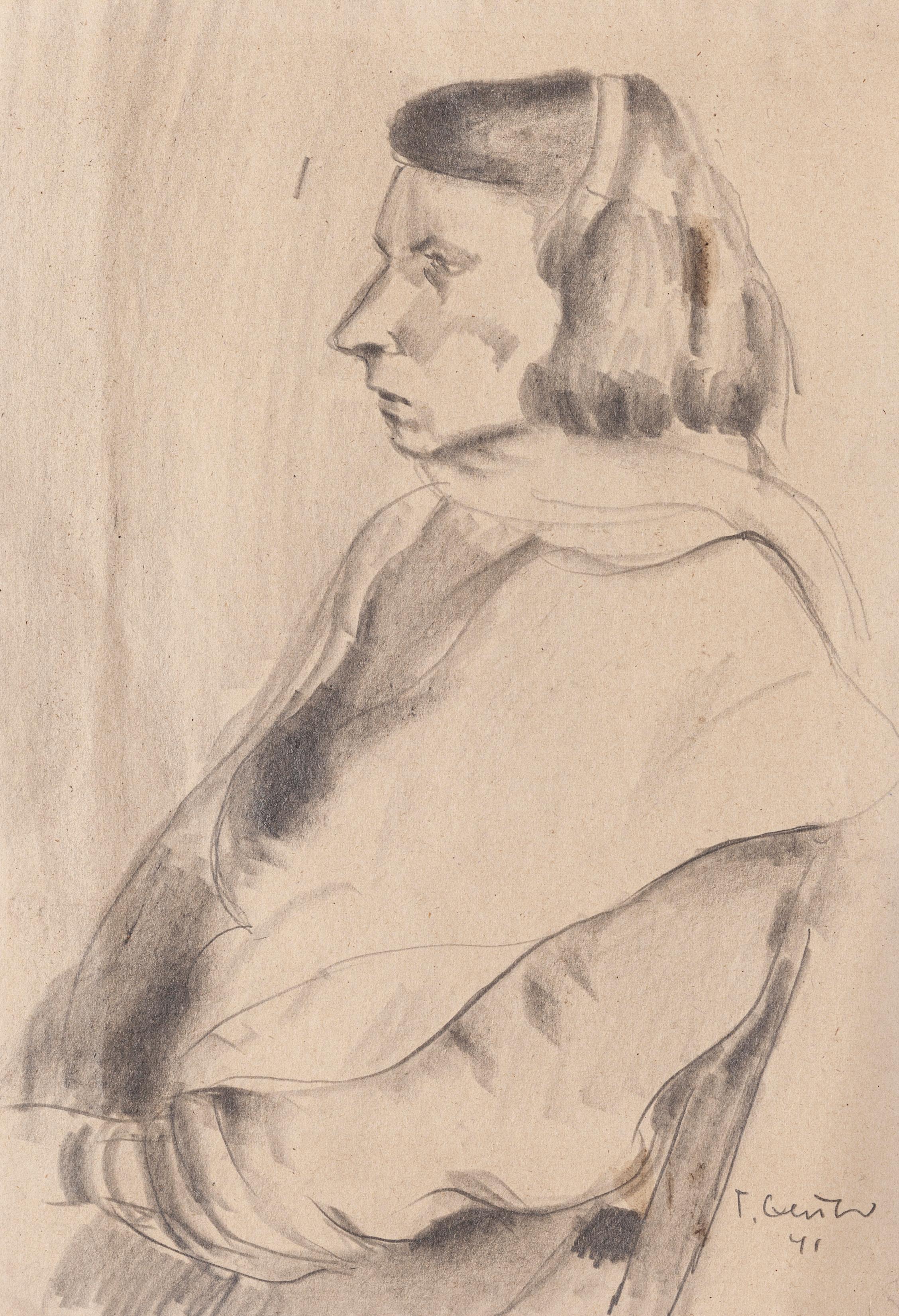 Portrait - dessin original au crayon par T. Gertner - 1941 - Art de Tibor Gertner
