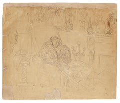 Sleeping Man - Etching + Pencil Drawing - Late 19th Century