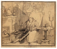 Sleeping Man - Original Etching + Pencil Drawing - Late 19th Century
