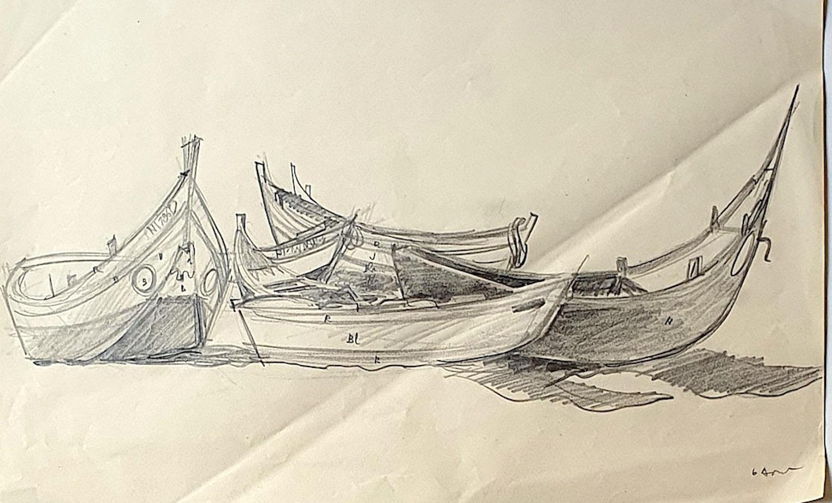 Danielle Dour Figurative Art - Boats - Original Pencil Drawing - Mid 20th Century